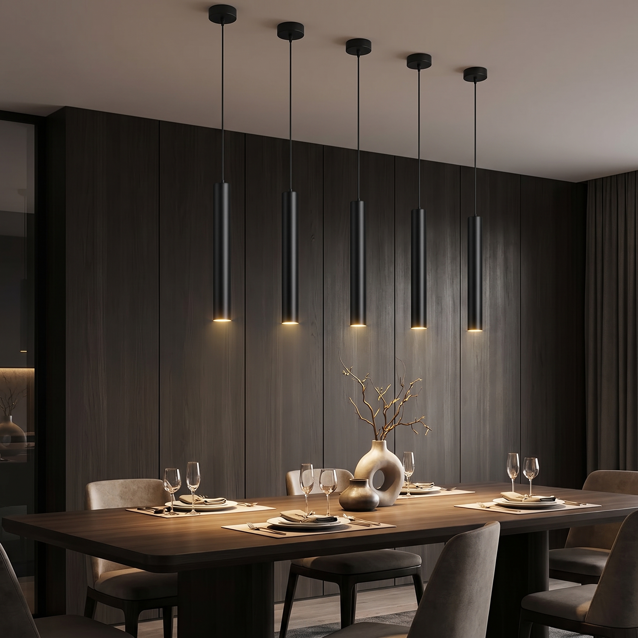 Black Flauto tube pendants over a walnut dining table against a dark panelled wall