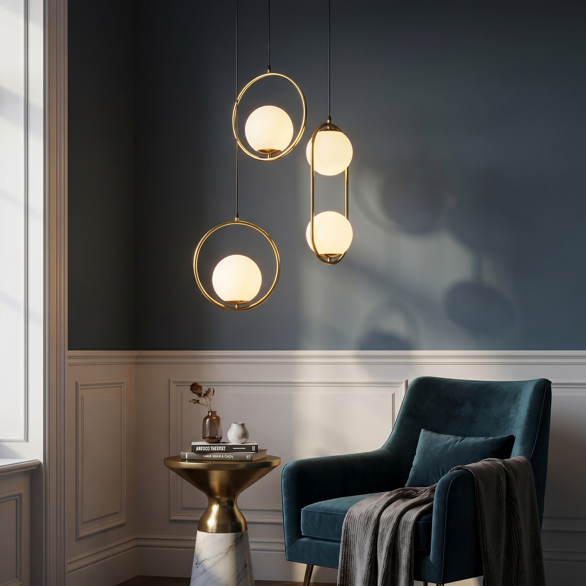 A cluster of brass Sfera glass-globe pendants in an elegant living-room corner