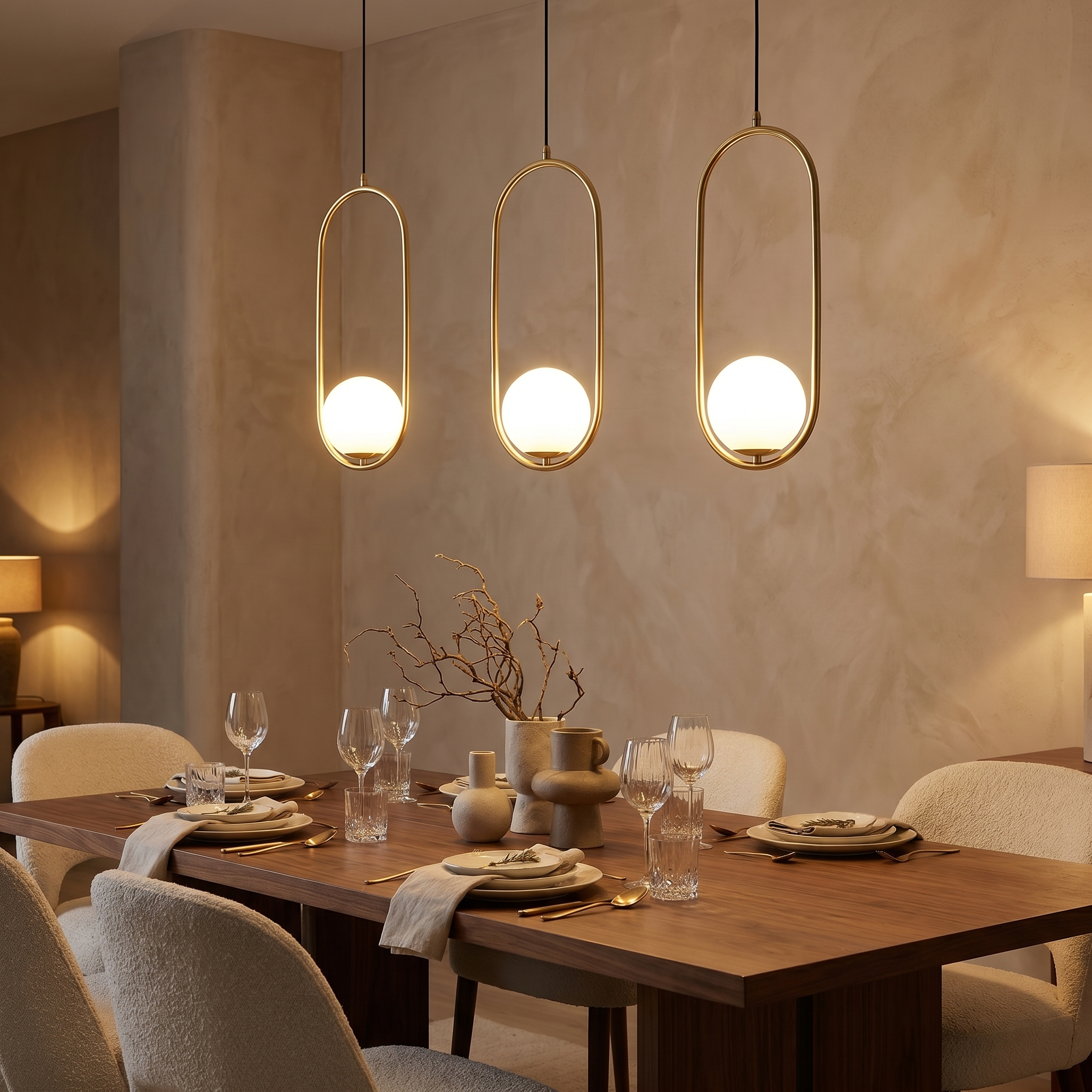 Brass Sfera oval glass-globe pendants over a walnut dining table