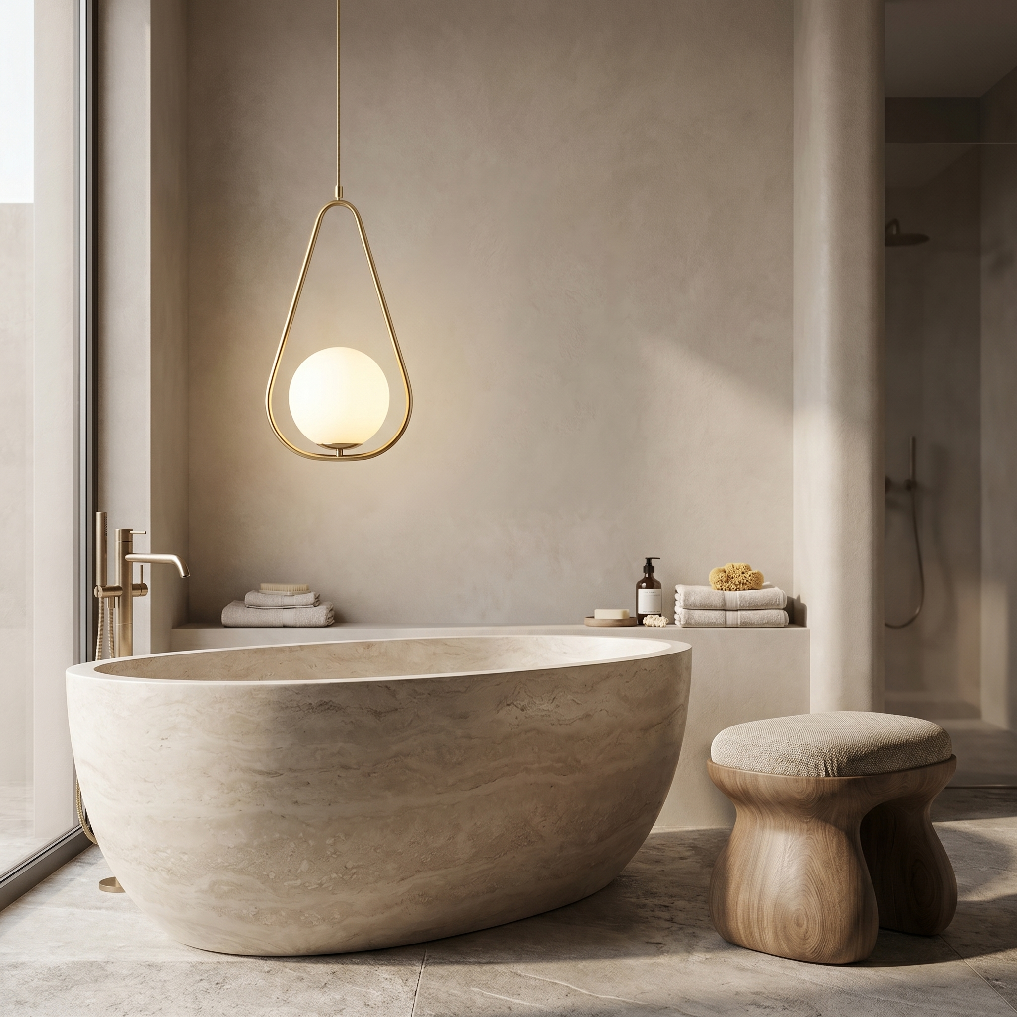 A gold Sfera teardrop pendant beside a freestanding stone bathtub