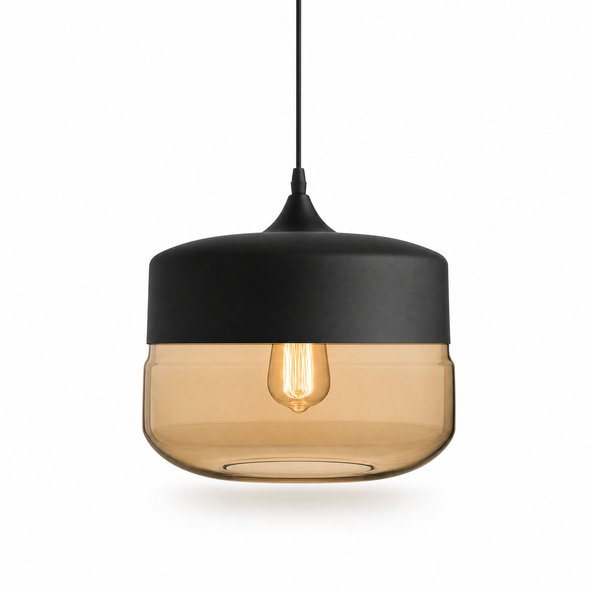 Ambra Art-Glass Pendant Nordic I drum — black cap, amber glass, Edison bulb