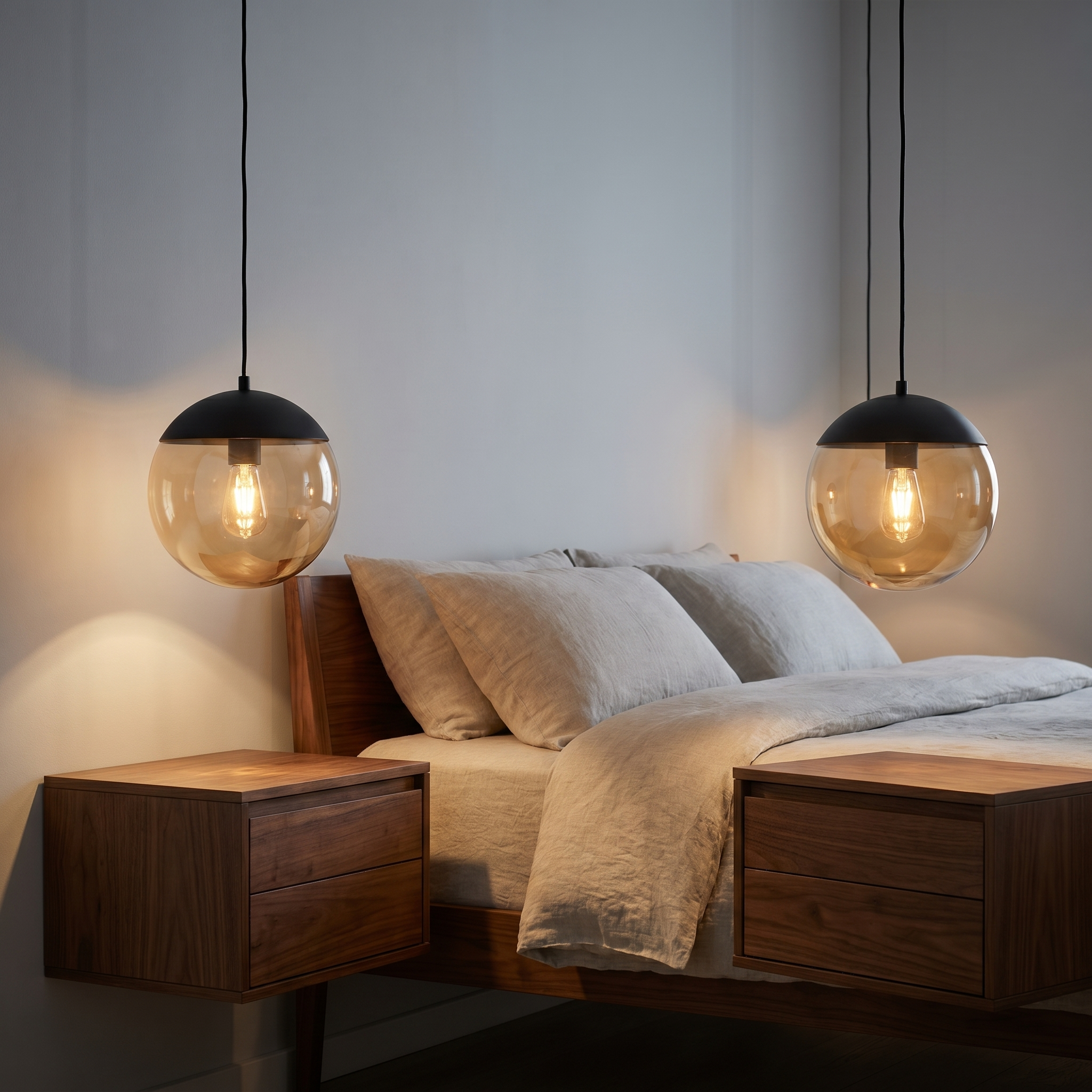 A pair of amber globe Ambra pendants as bedside lights flanking a bed
