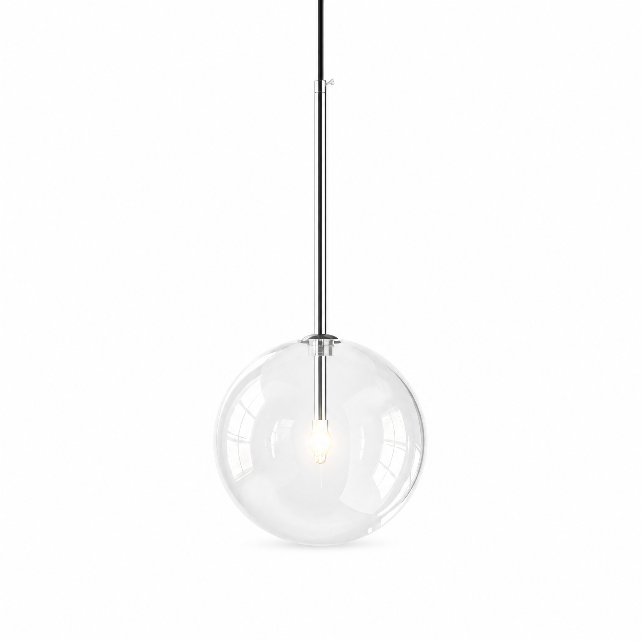 Goccia Clear Glass Ball Pendant — chrome rod, clear glass globe, glowing bulb