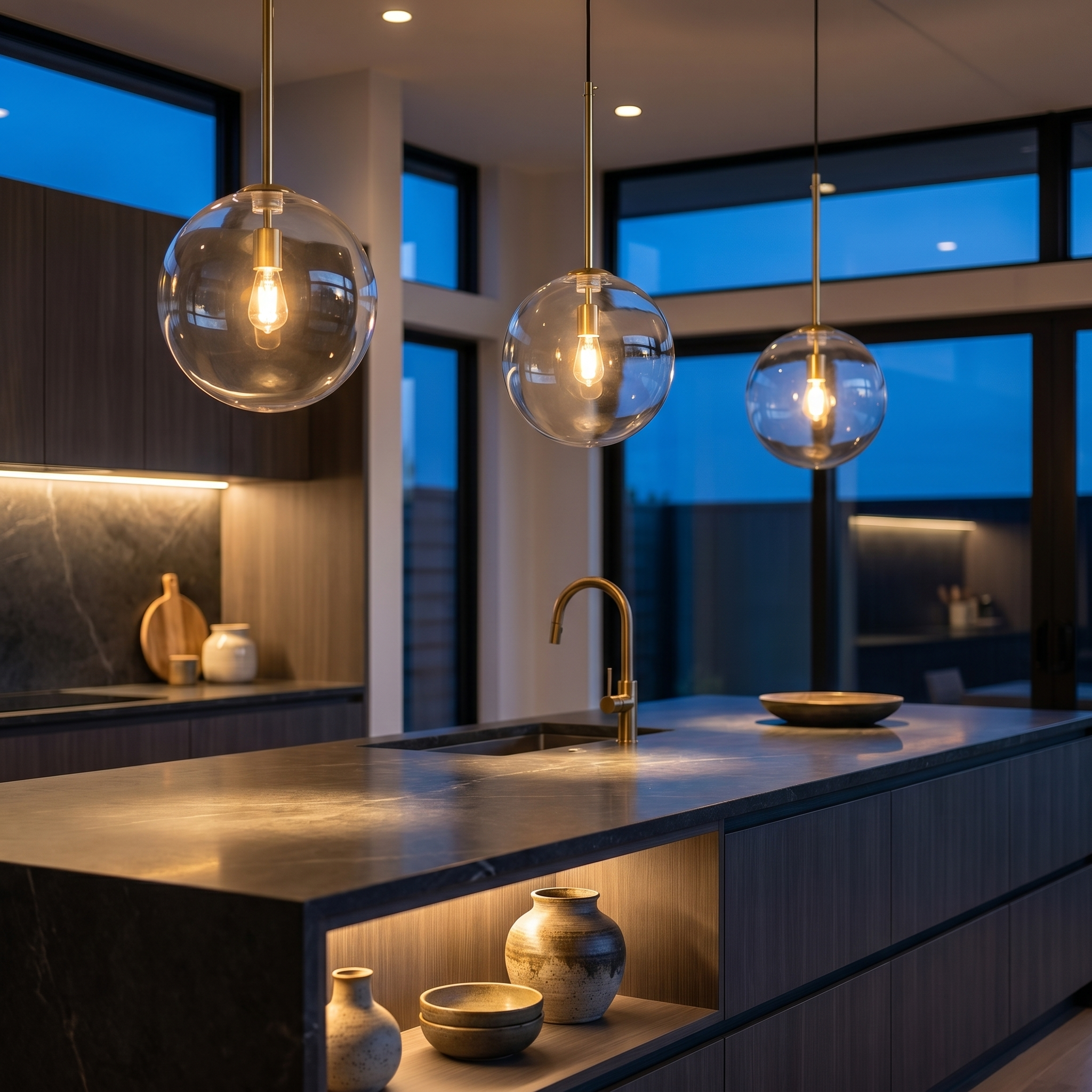 A row of brass Goccia clear glass ball pendants over a stone kitchen island at dusk