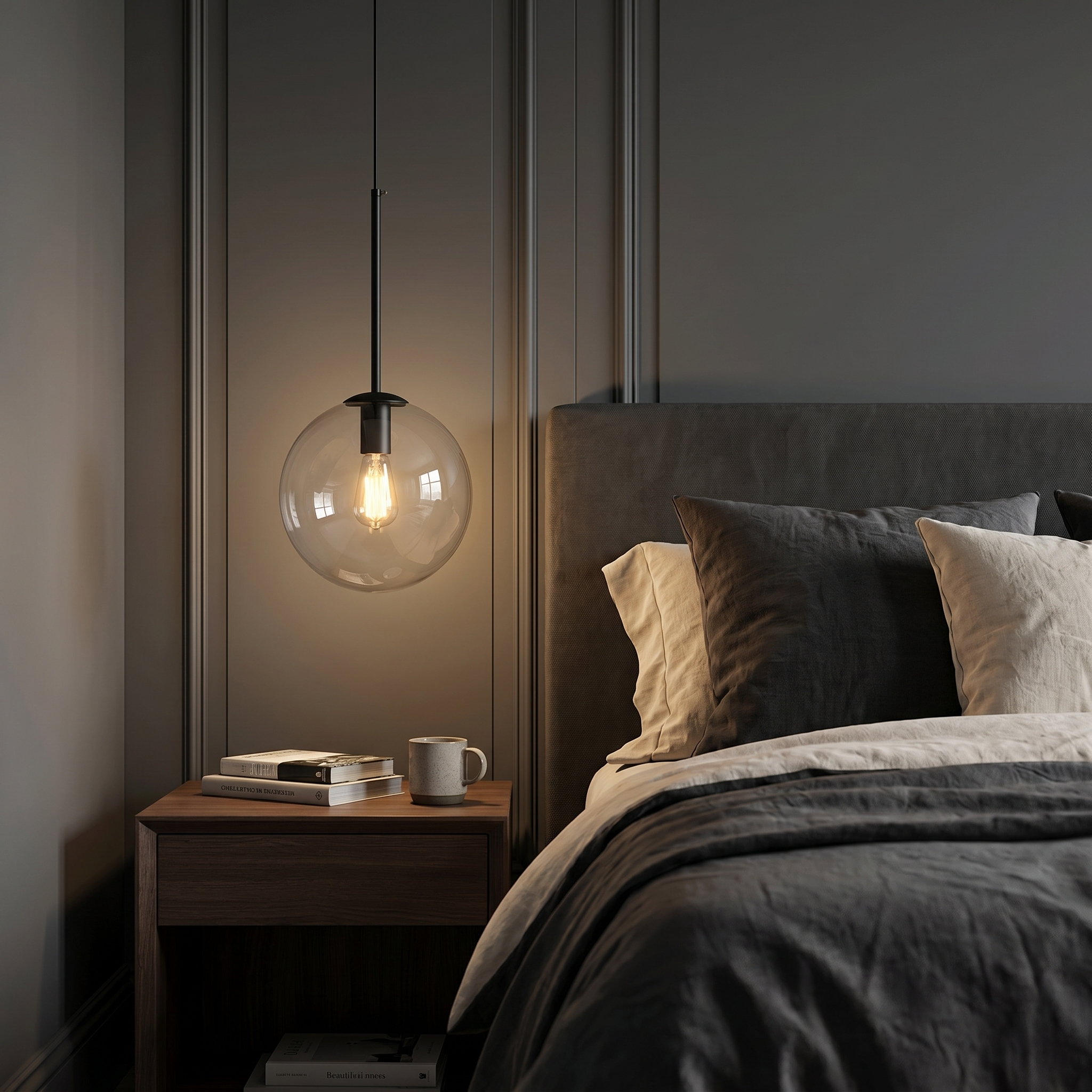 A black Goccia clear glass ball pendant as a bedside light beside a bed