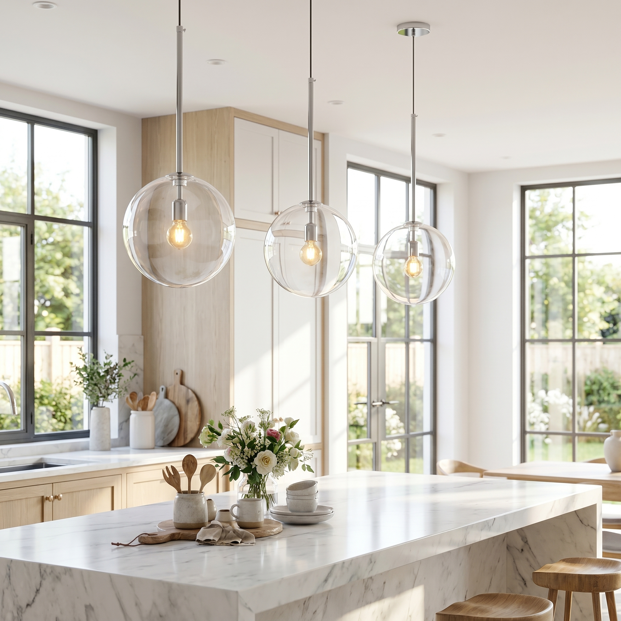 Chrome Goccia clear glass ball pendants over a white marble kitchen island