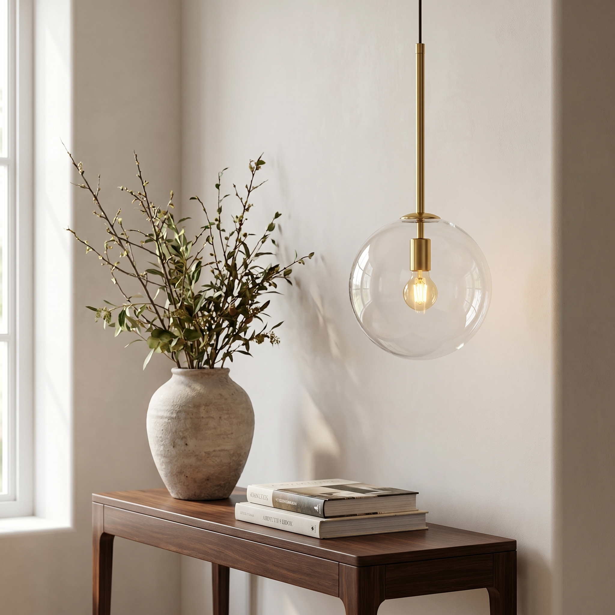 A brass Goccia clear glass ball pendant above a console in a living-room corner