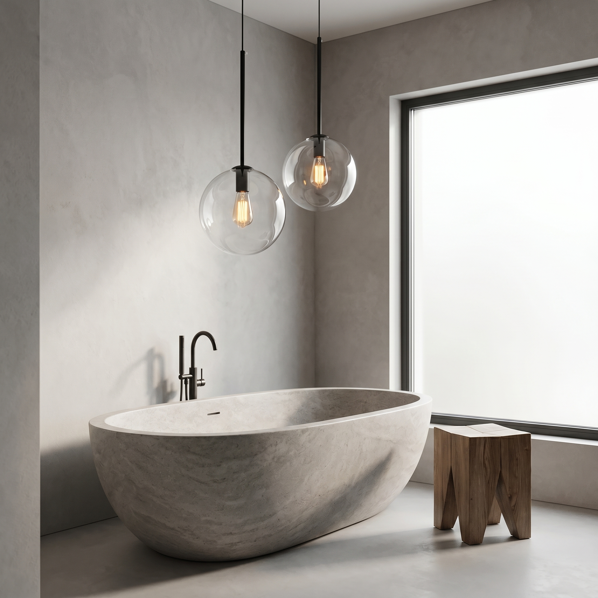 A pair of black Goccia clear glass ball pendants over a stone bathtub