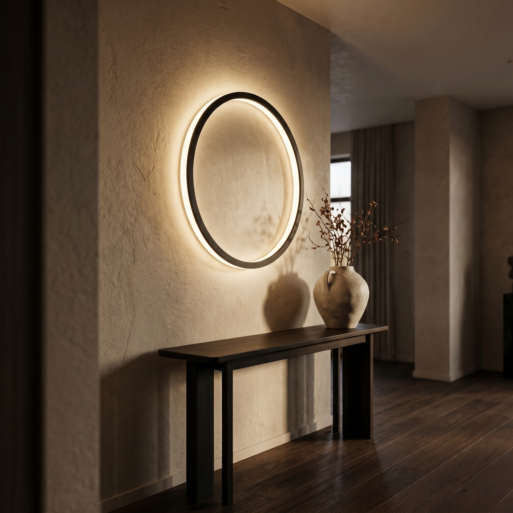 Eclisse Halo Ring Wall Light glowing warm above a console in an elegant hallway