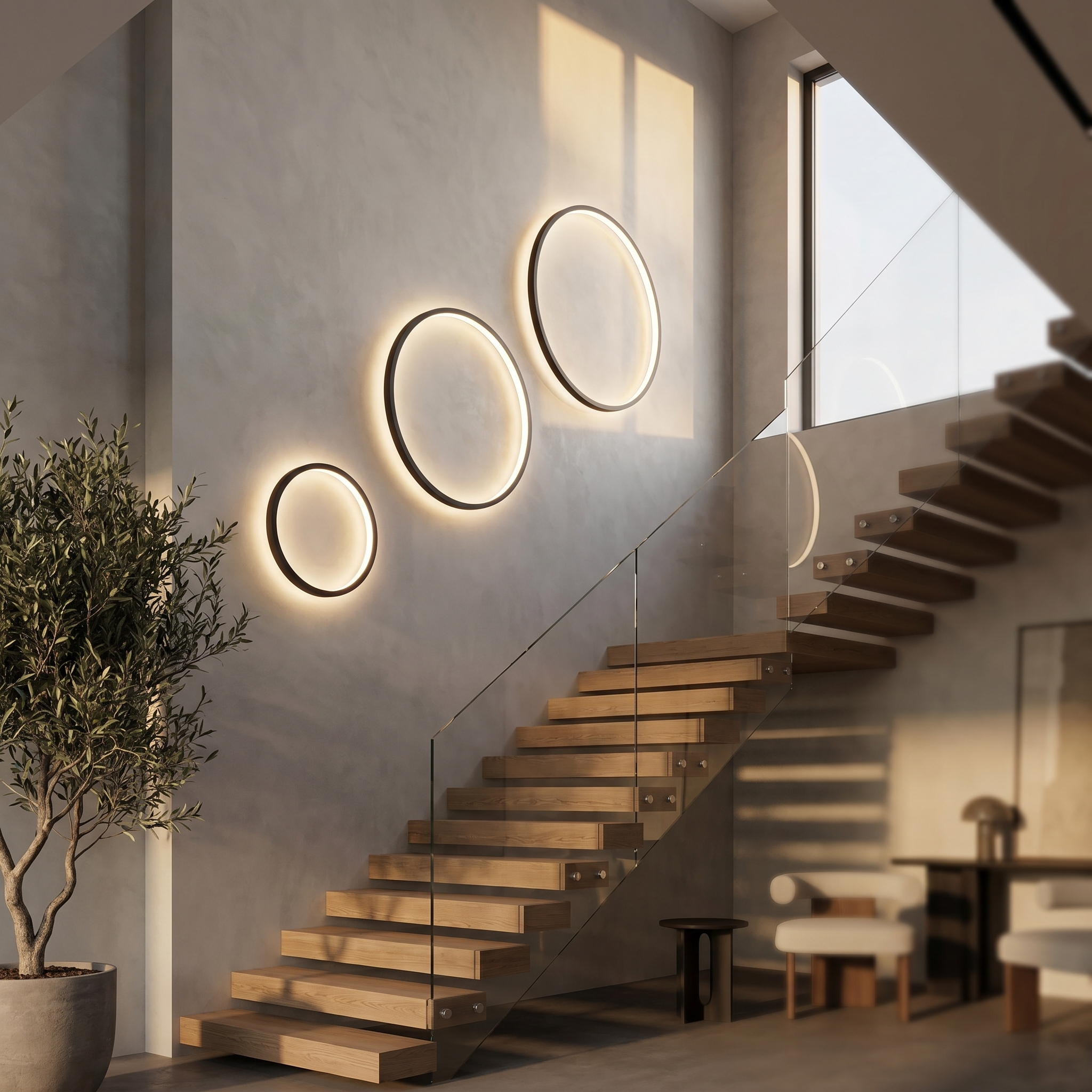 Three Eclisse Halo Ring Wall Lights in different sizes on a stairwell feature wall
