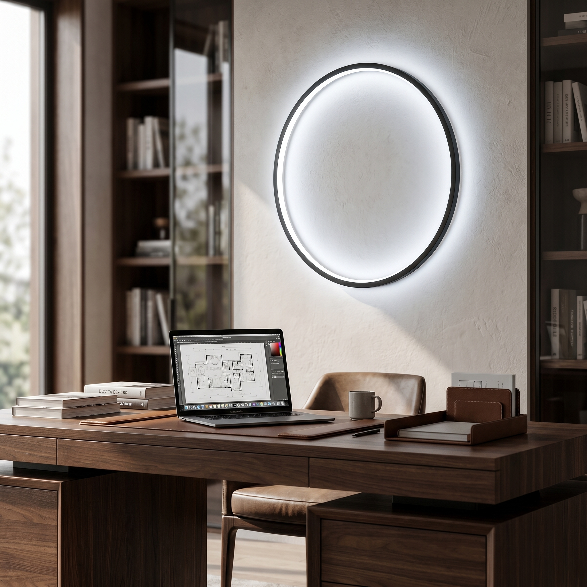 Eclisse Halo Ring Wall Light glowing cool white above a desk in a home office