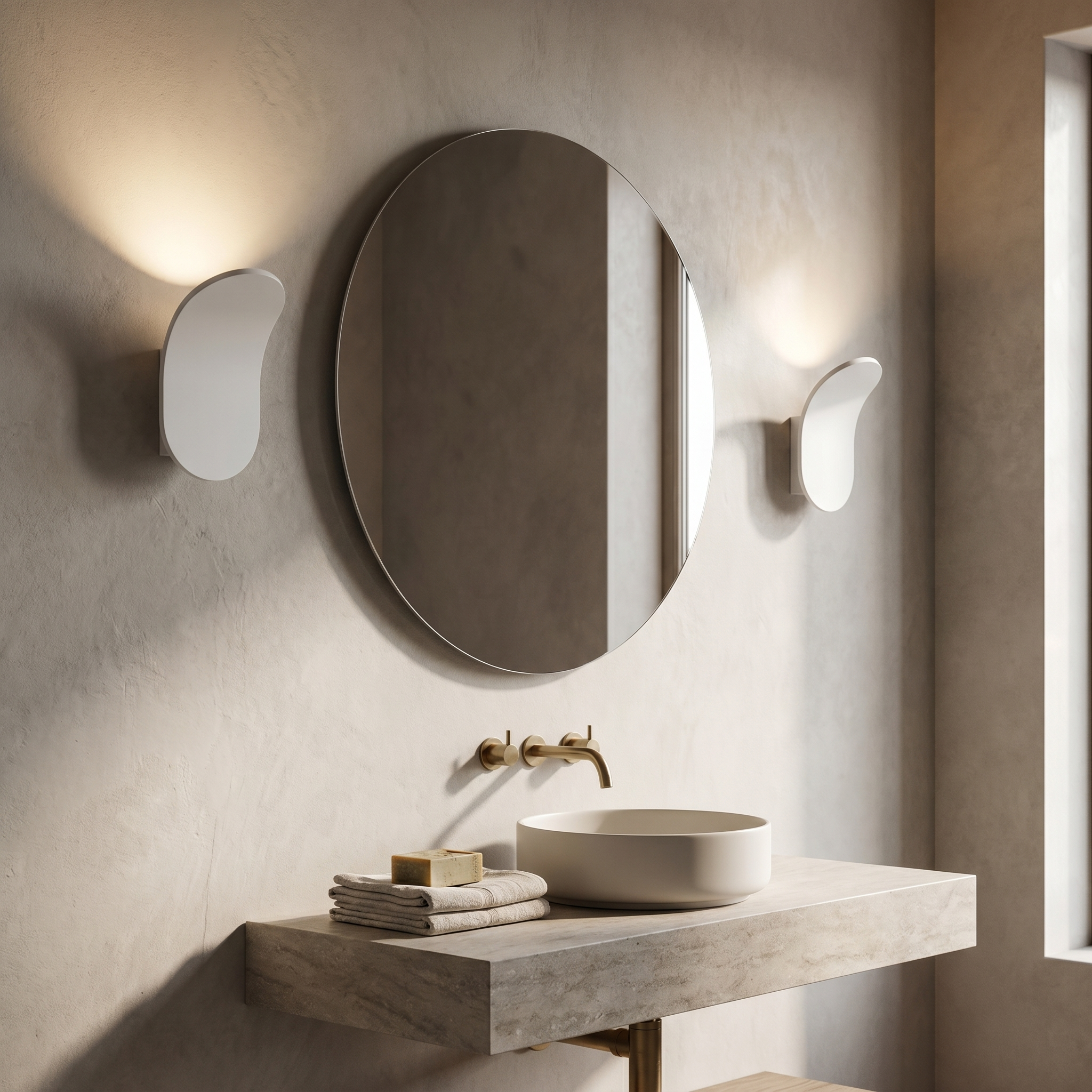 White curved wall sconces flanking a vanity mirror, neutral glow