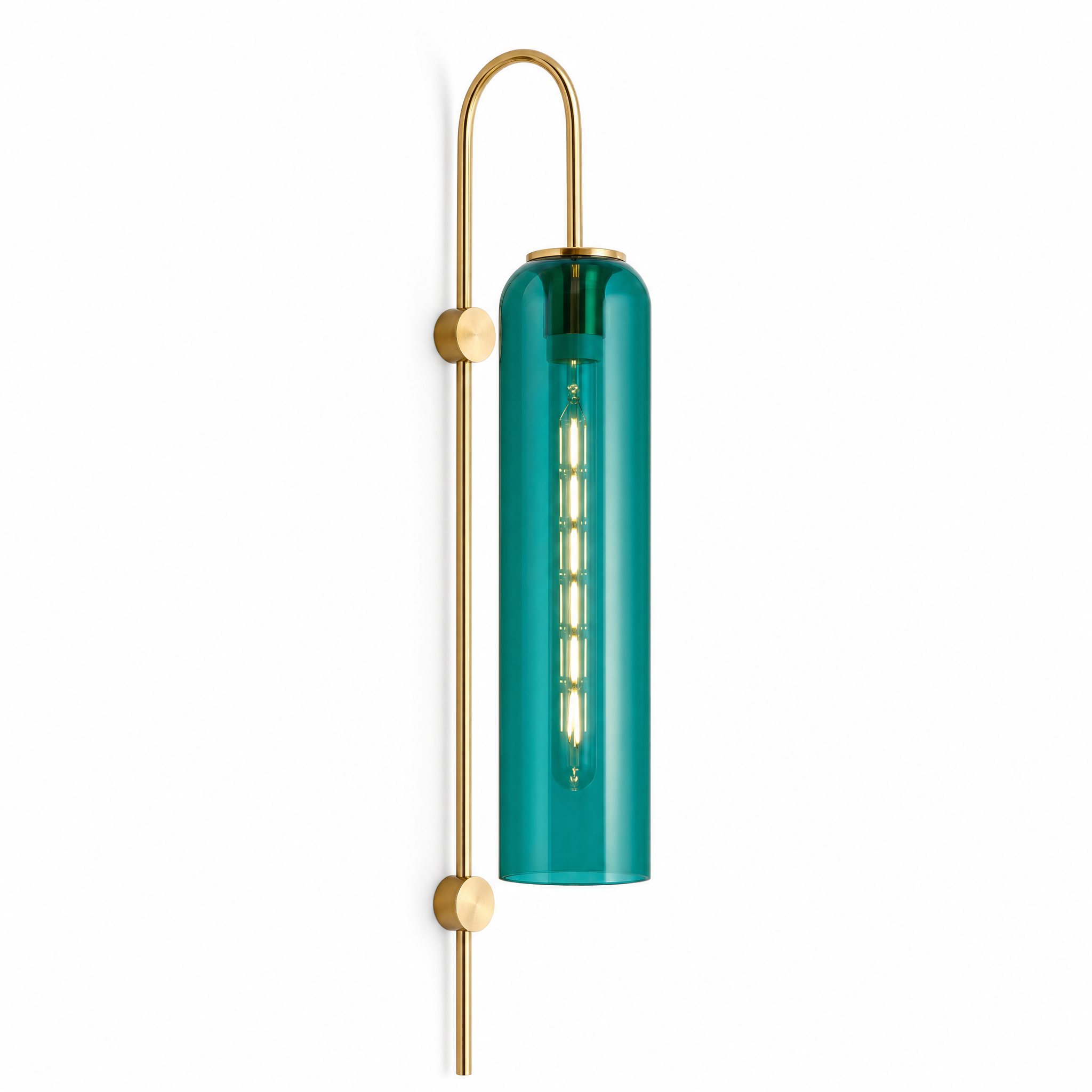 Aqua green glass swan-neck wall light with brass arm