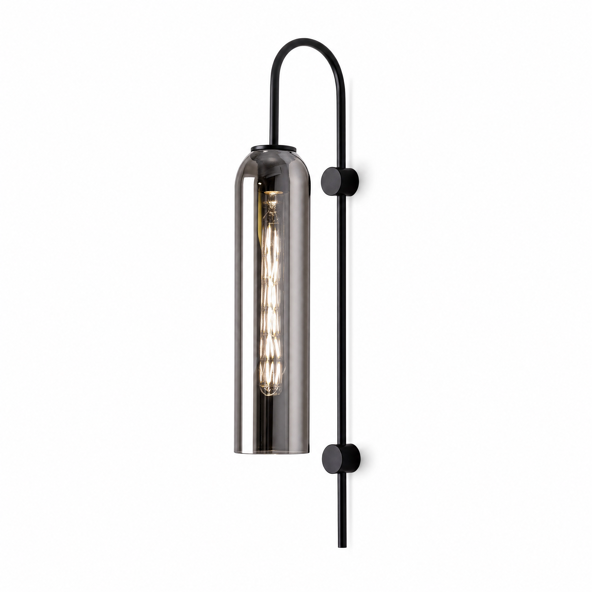 Smoke grey glass swan-neck wall light with black arm