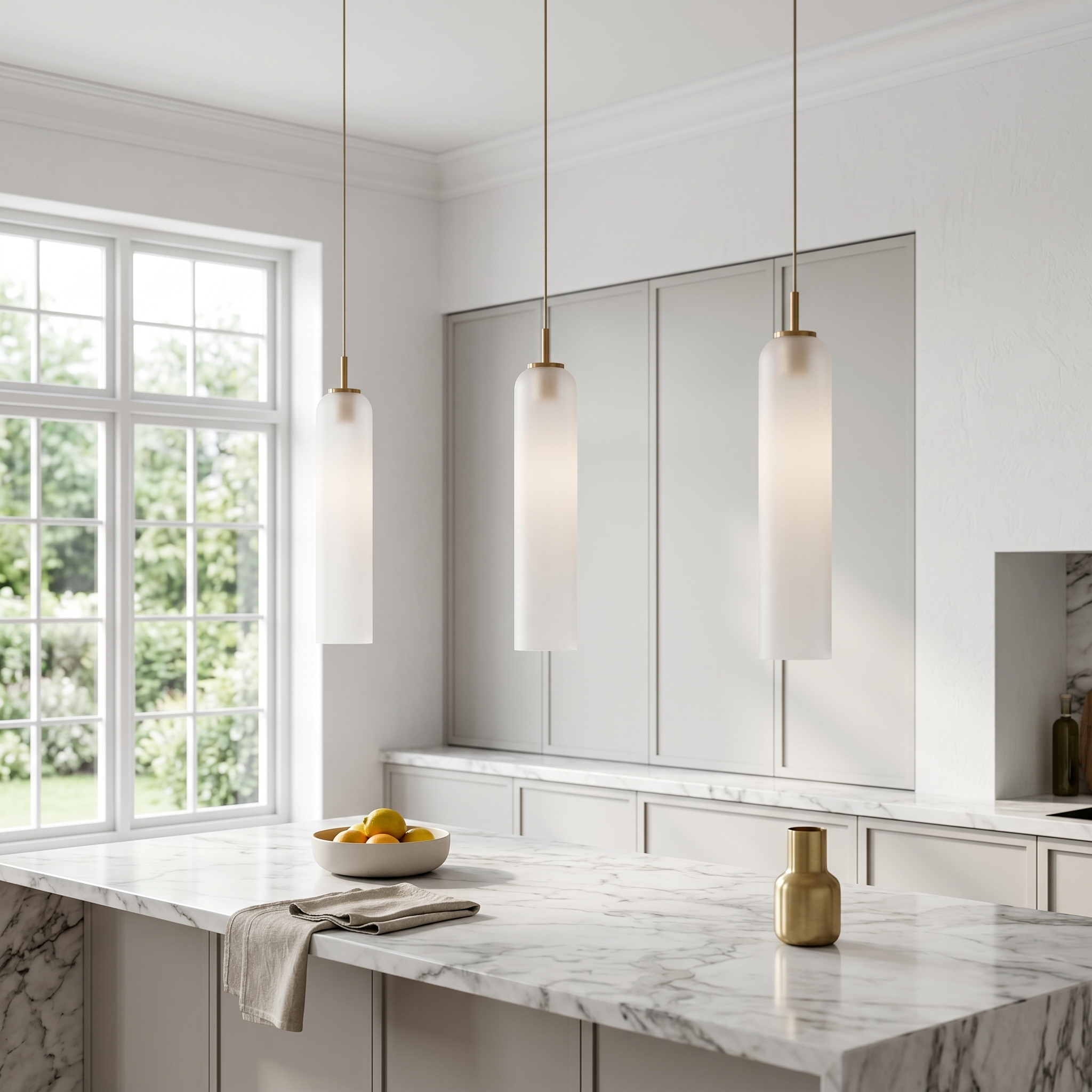 Frosted glass pendant lights over a kitchen island