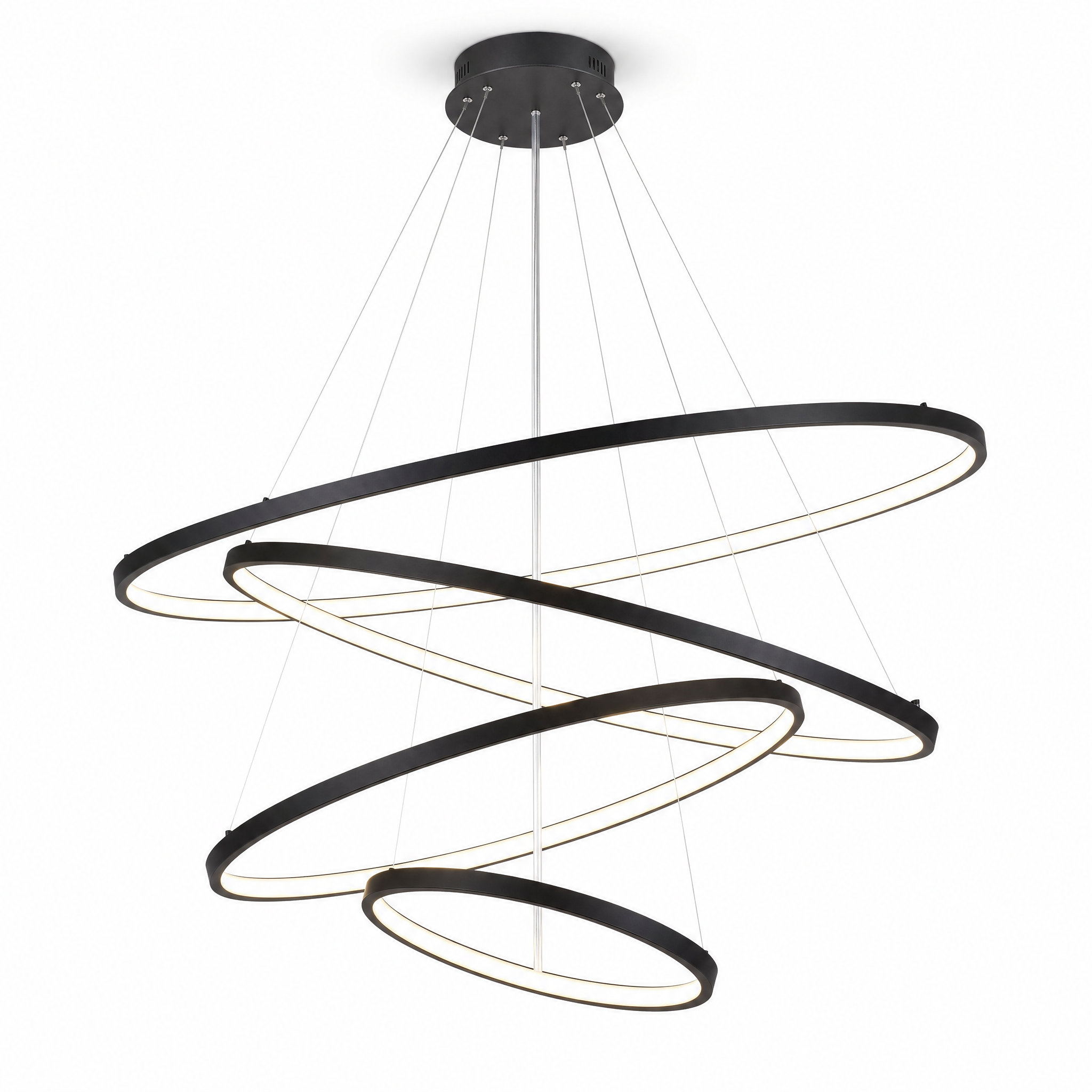 Black tiered LED ring chandelier, four glowing rings