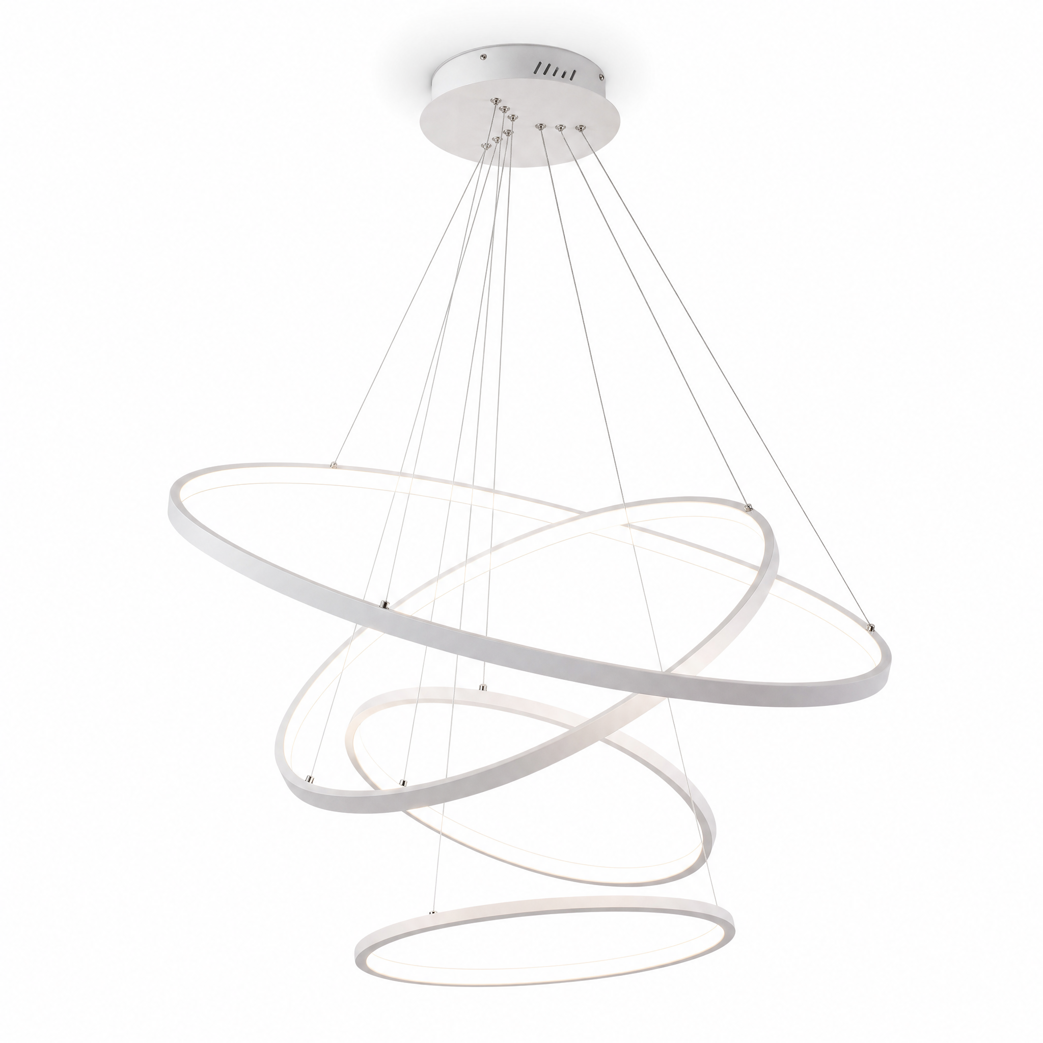White tiered LED ring chandelier, four glowing rings