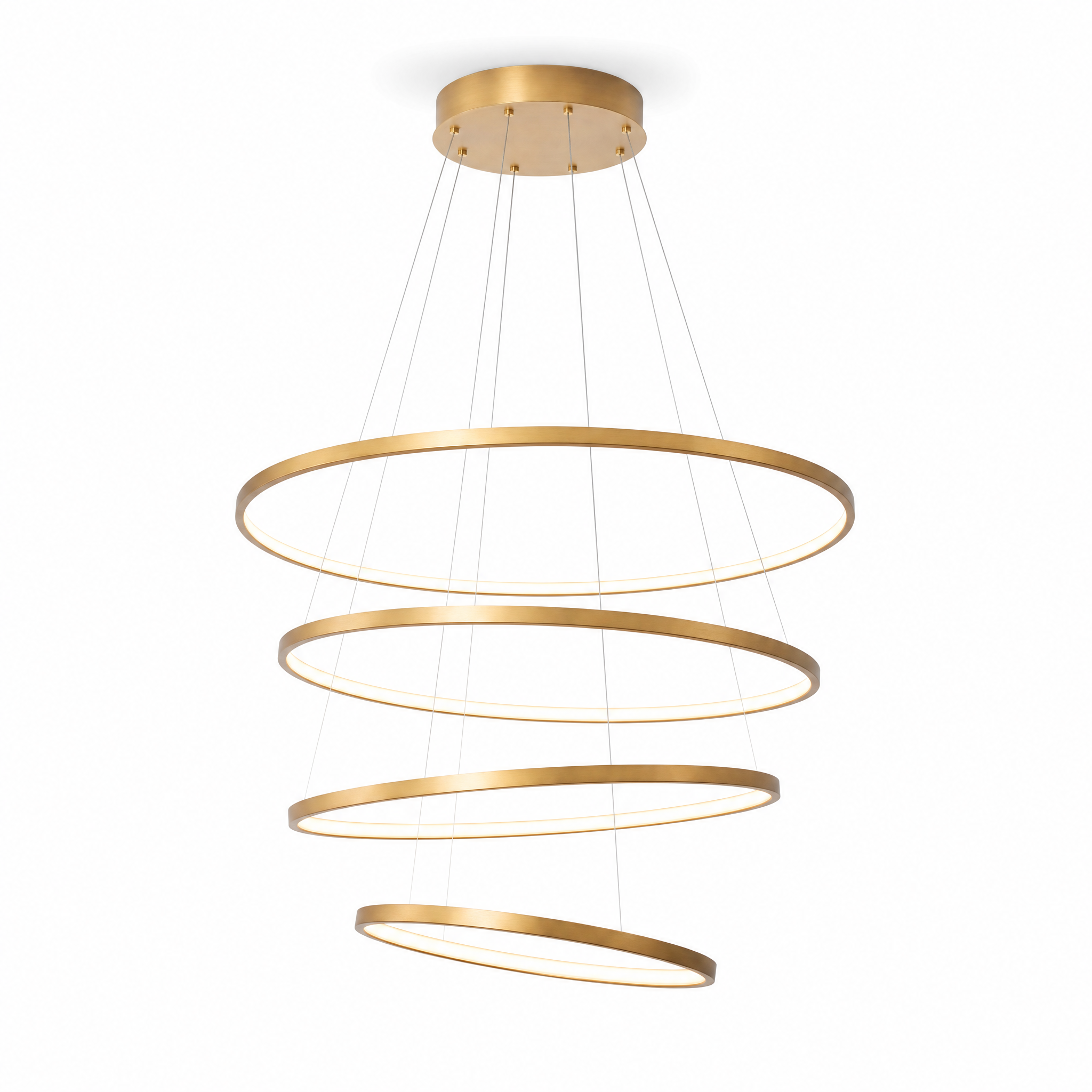 Gold tiered LED ring chandelier, four glowing rings