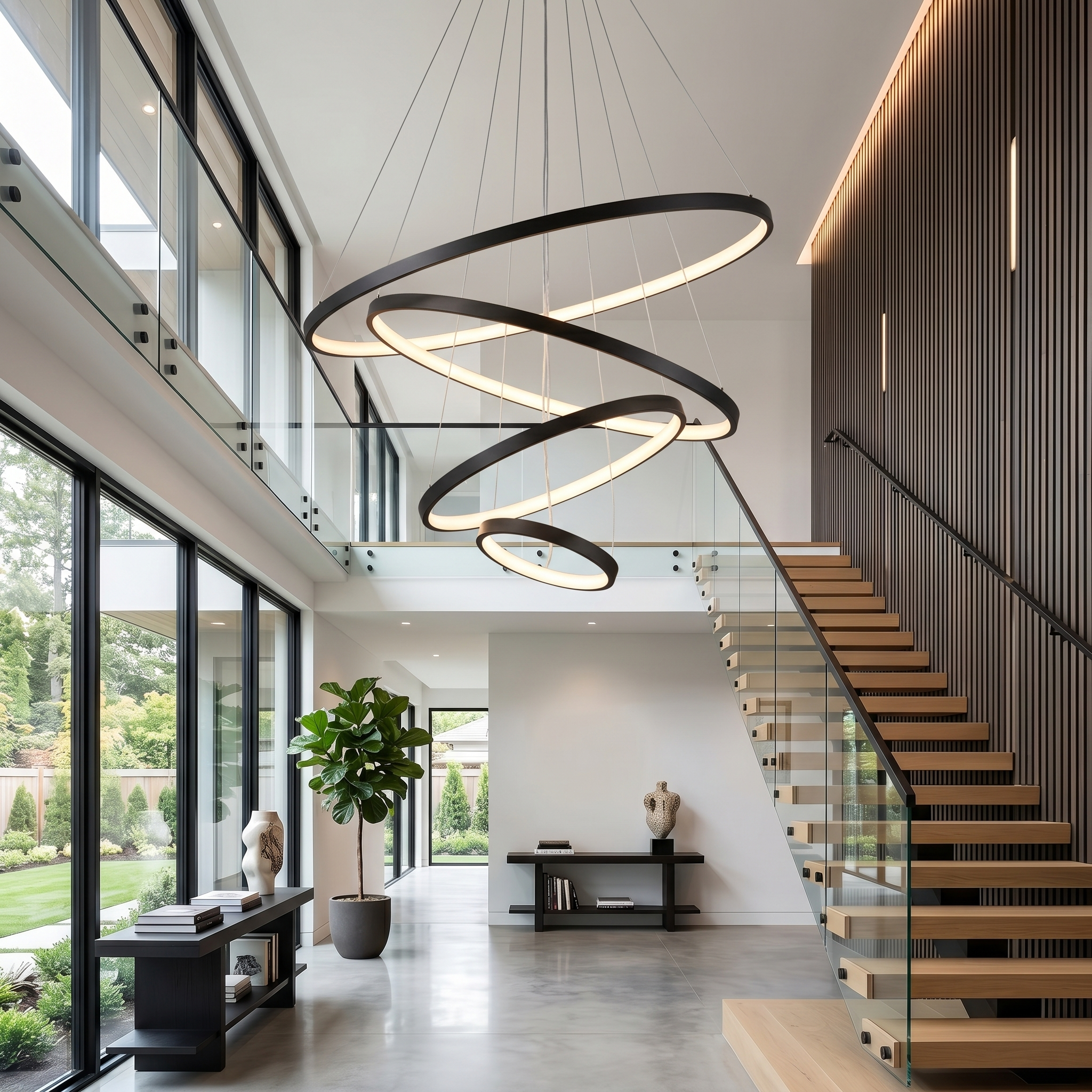 Black LED ring chandelier cascading in a double-height foyer