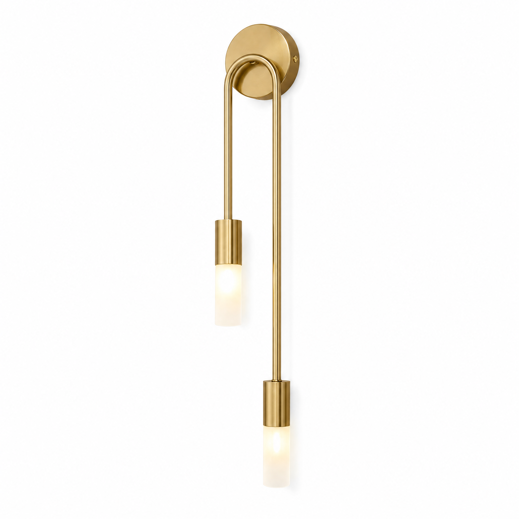 Gold right-facing curved wall sconce with two frosted tips