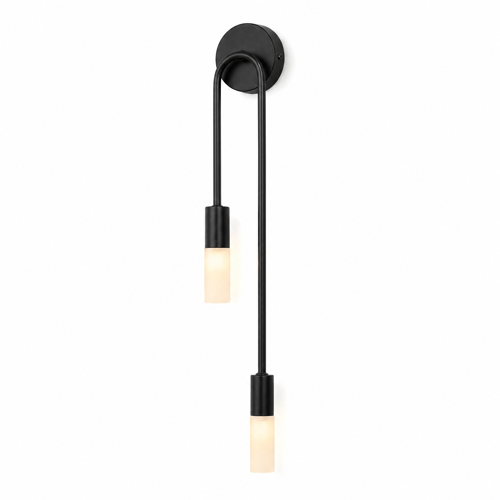 Black left-facing curved wall sconce with two frosted tips