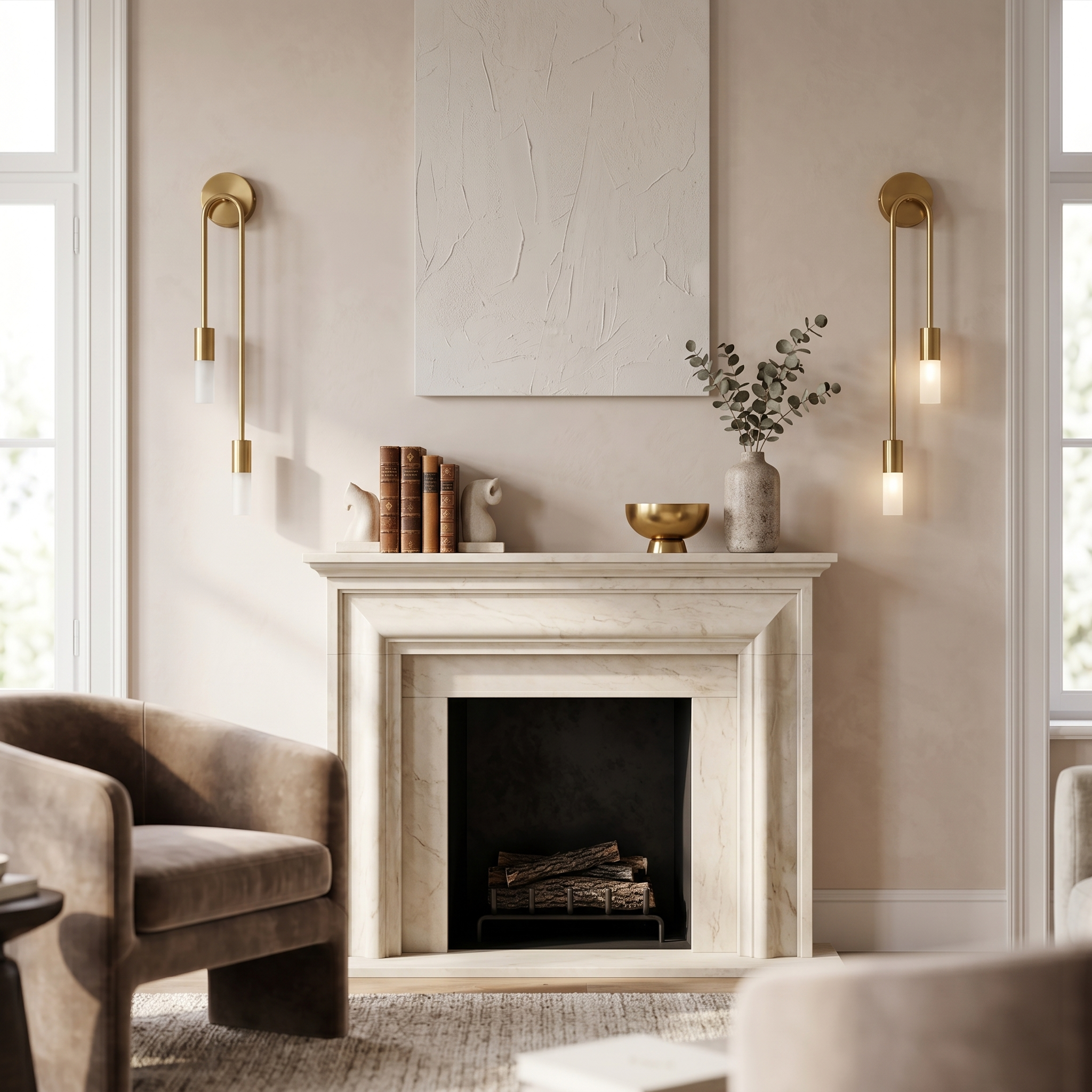 Gold wall sconces flanking a fireplace in an elegant living room
