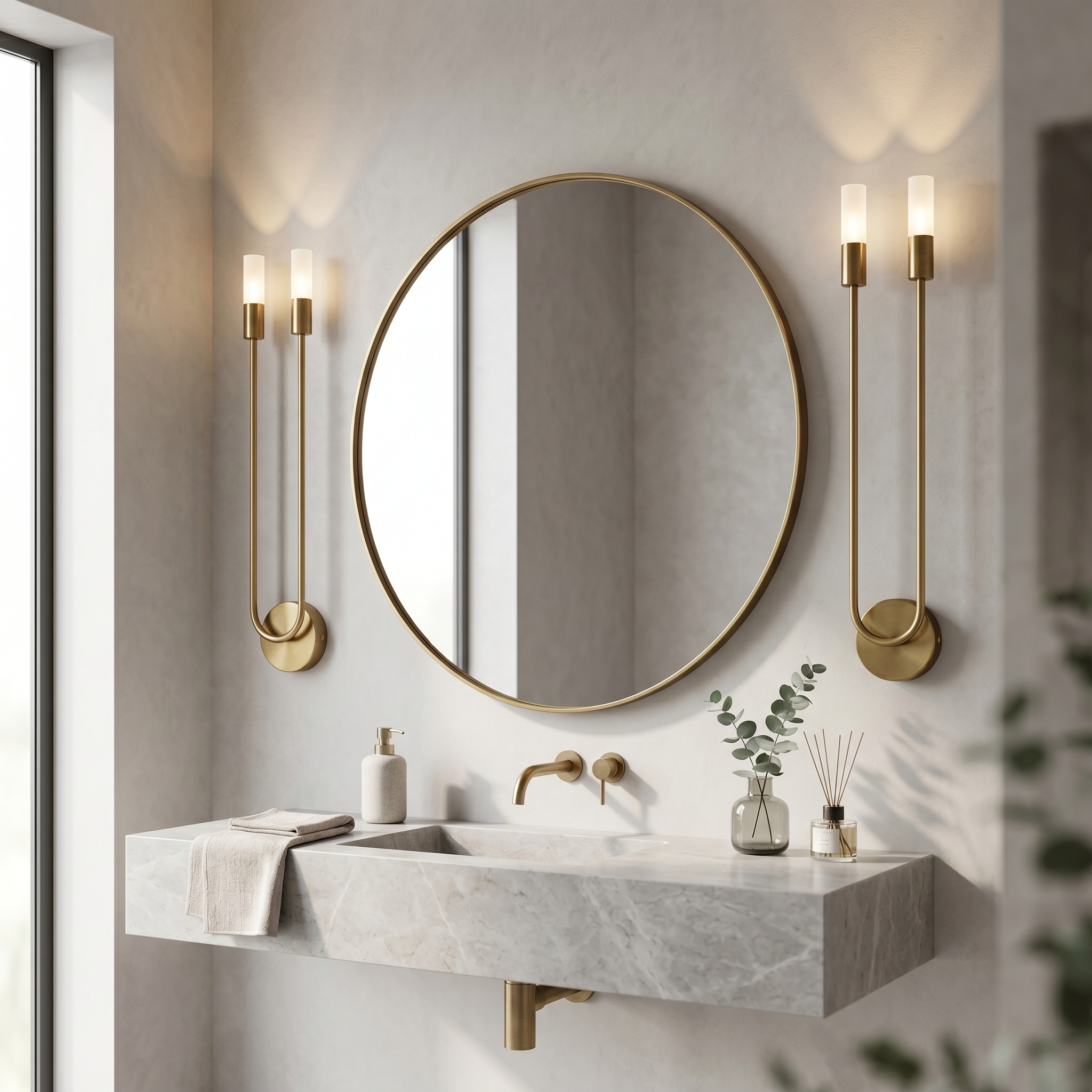 Gold wall sconces mounted uplight, flanking a round vanity mirror