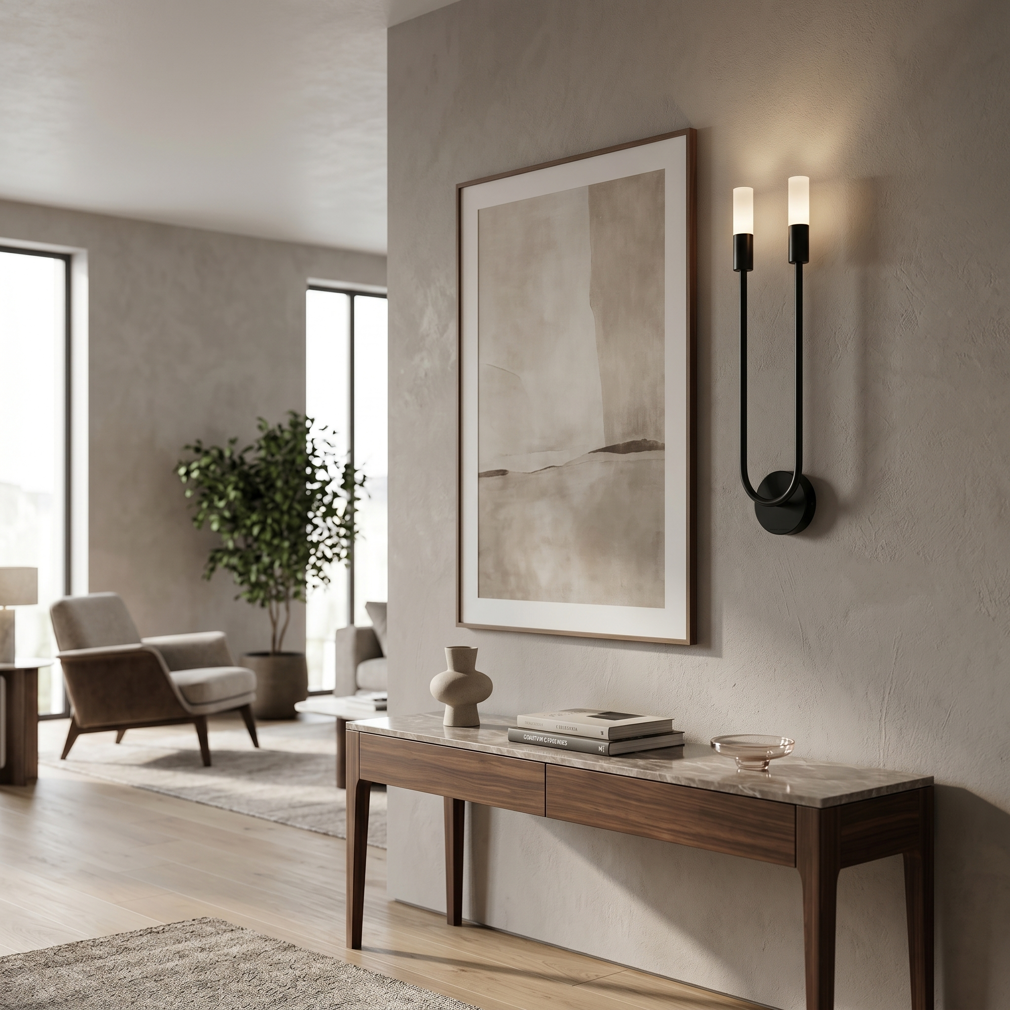 Black wall sconce mounted uplight beside framed art