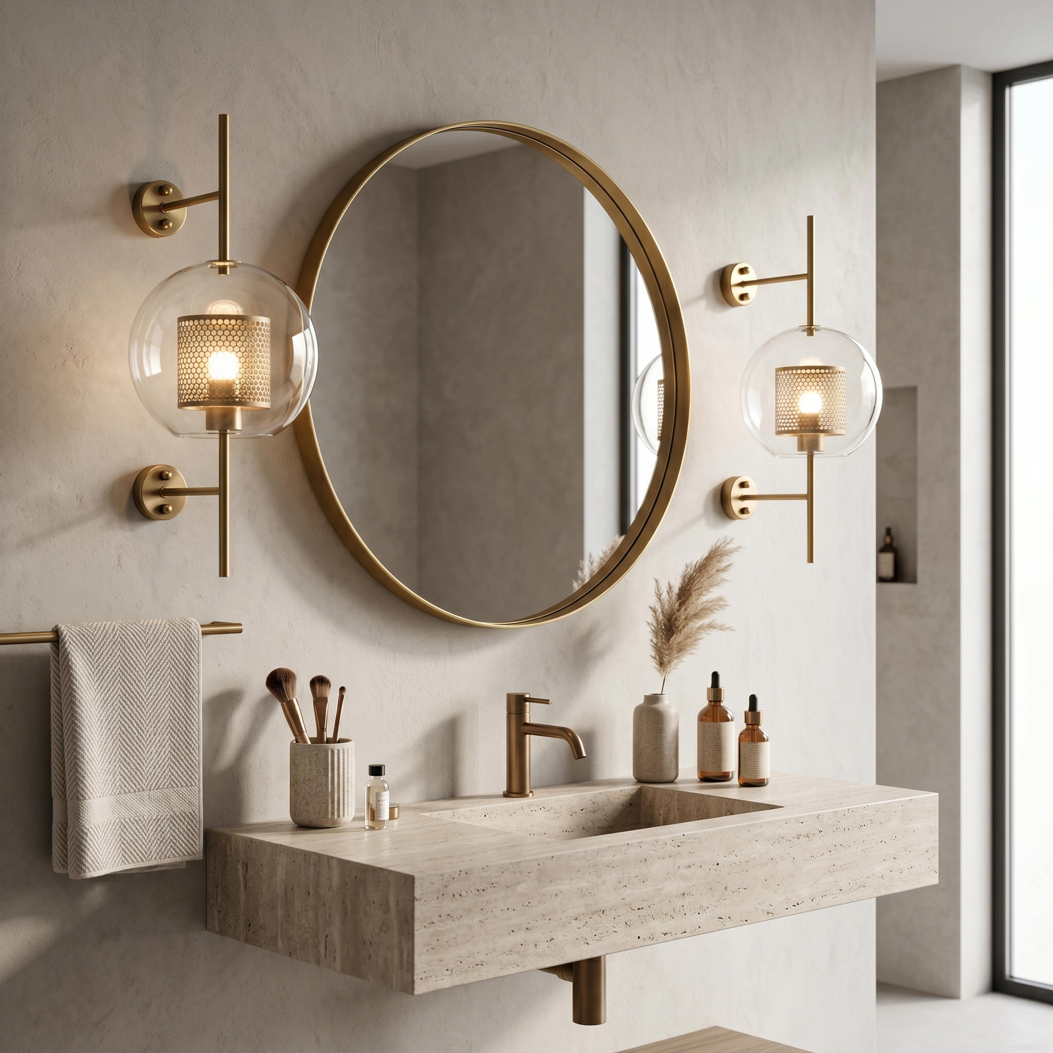 Alba Glass Wall Light - bronze globe pair flanking vanity mirror