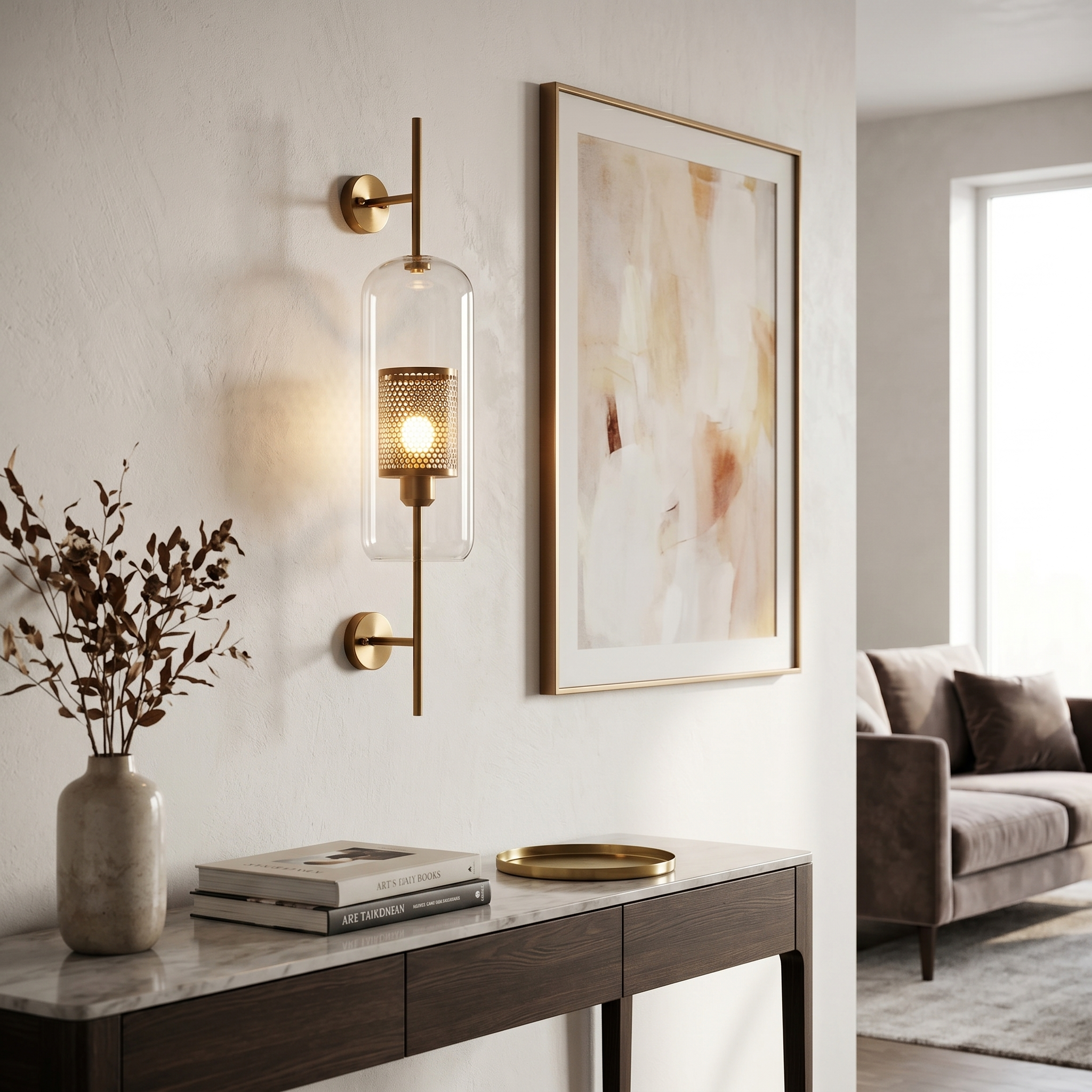 Alba Glass Wall Light - bronze cylinder beside artwork over console