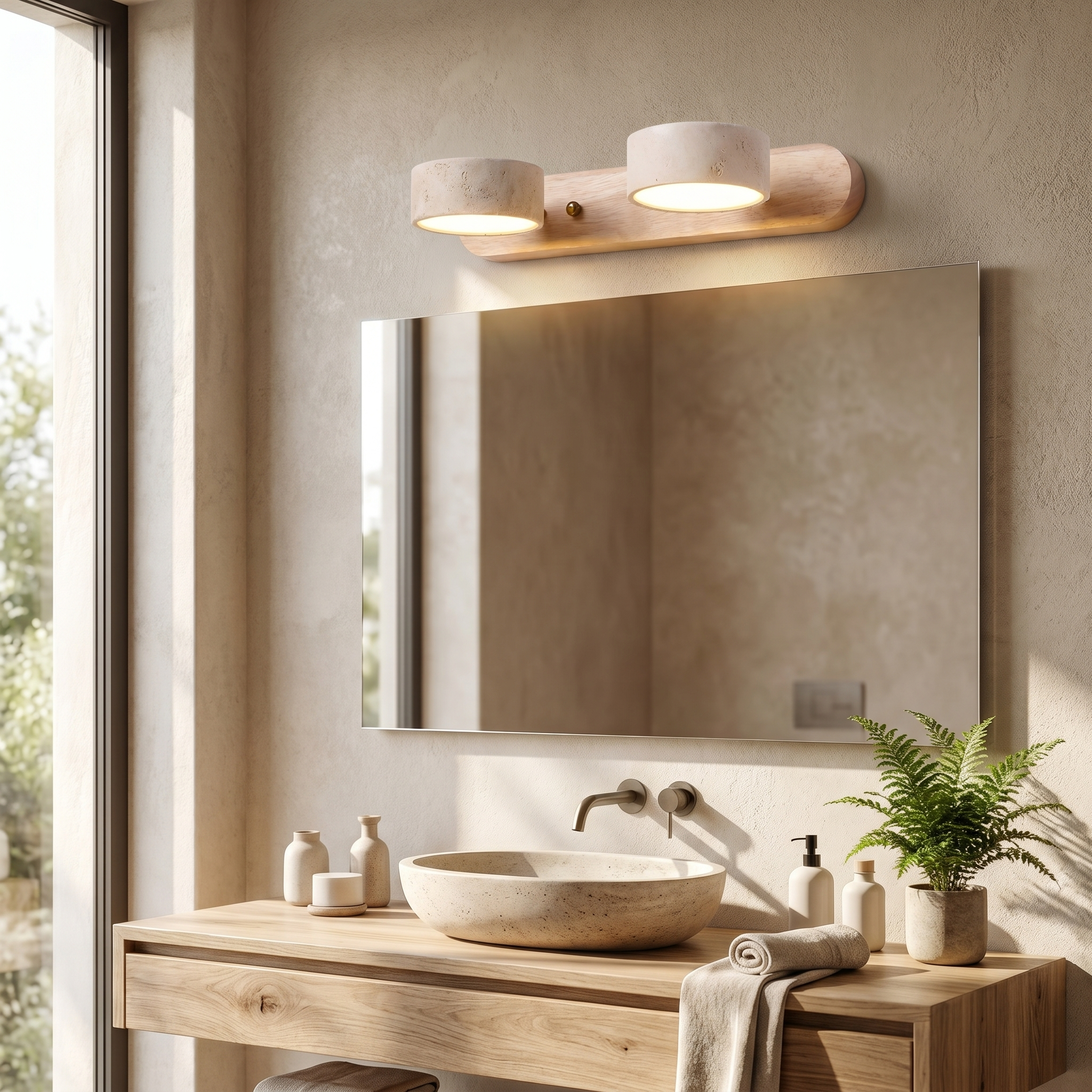 Lucenza Travertine Wall Light - oak 2-light above a spa ensuite mirror