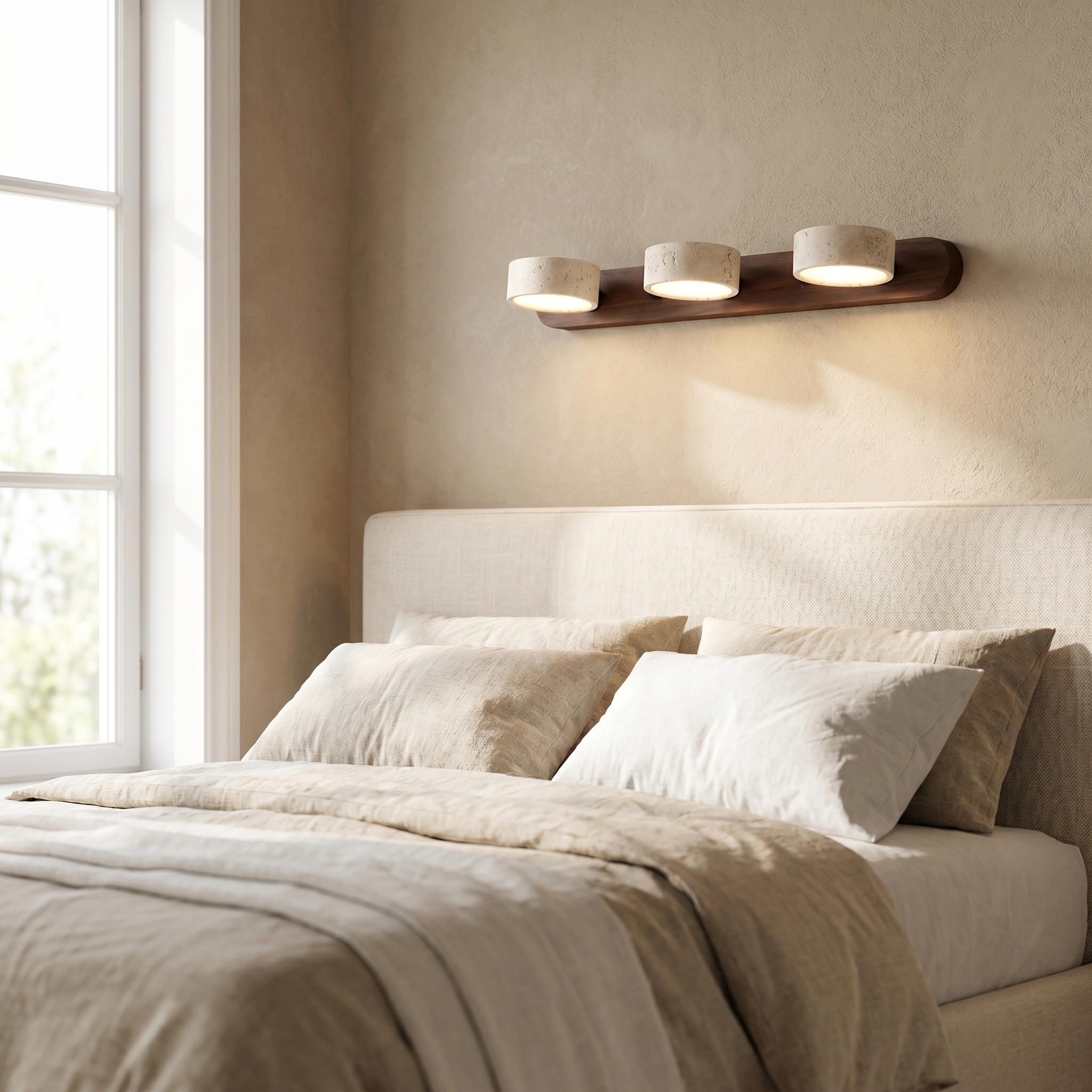 Lucenza Travertine Wall Light - walnut 3-light above a bedroom headboard