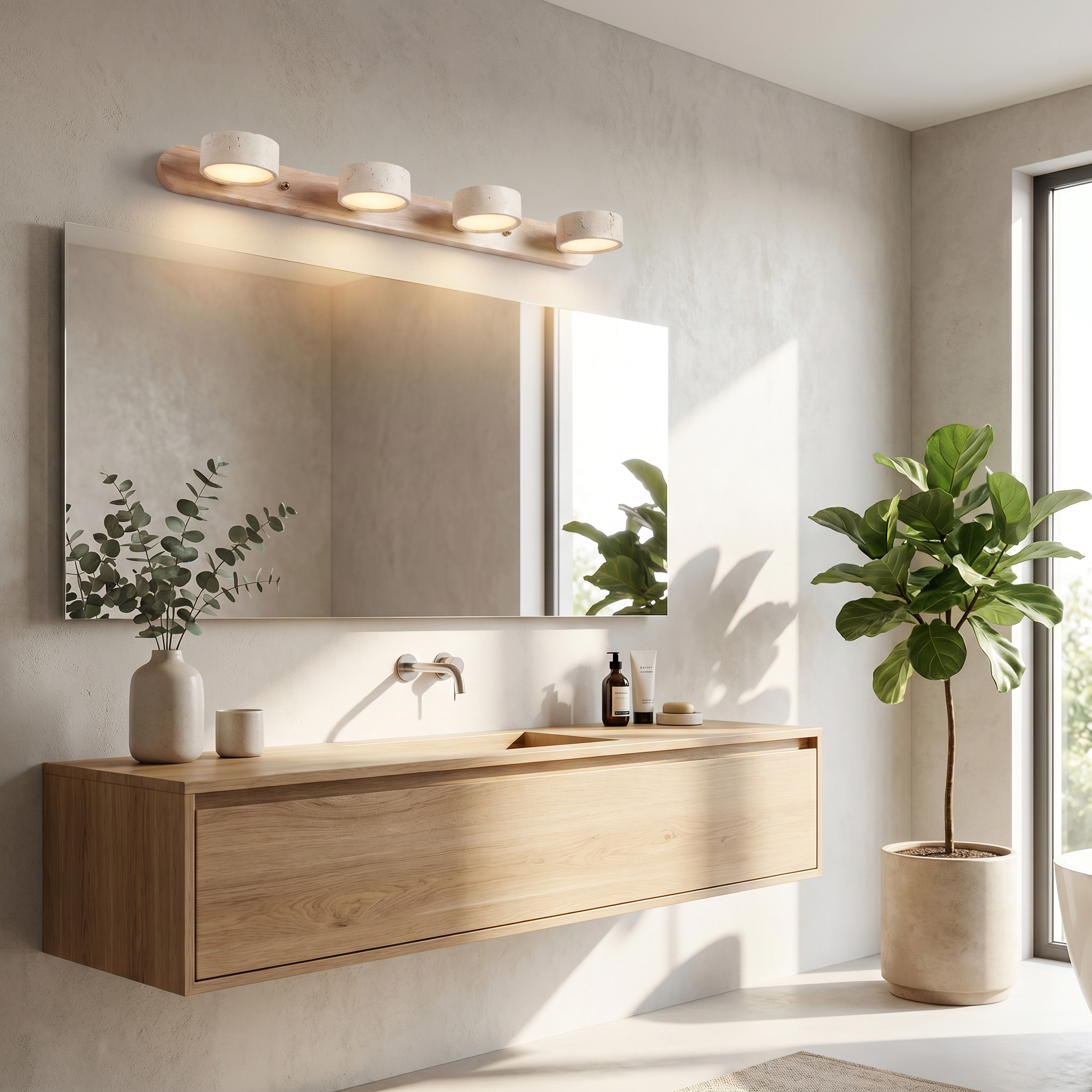 Lucenza Travertine Wall Light - oak 4-light above a floating vanity