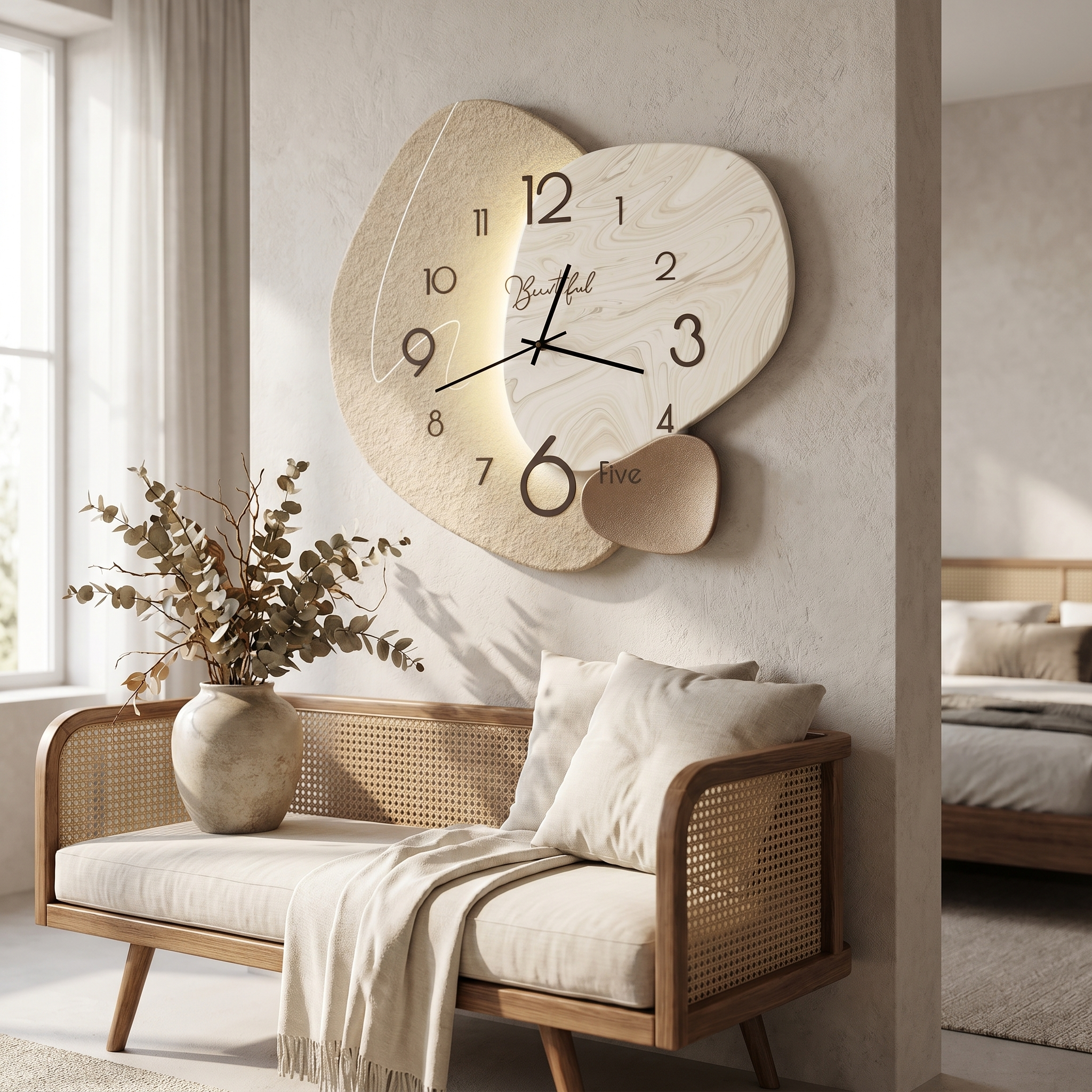 Wall clock - Abstract design above a bedroom bench