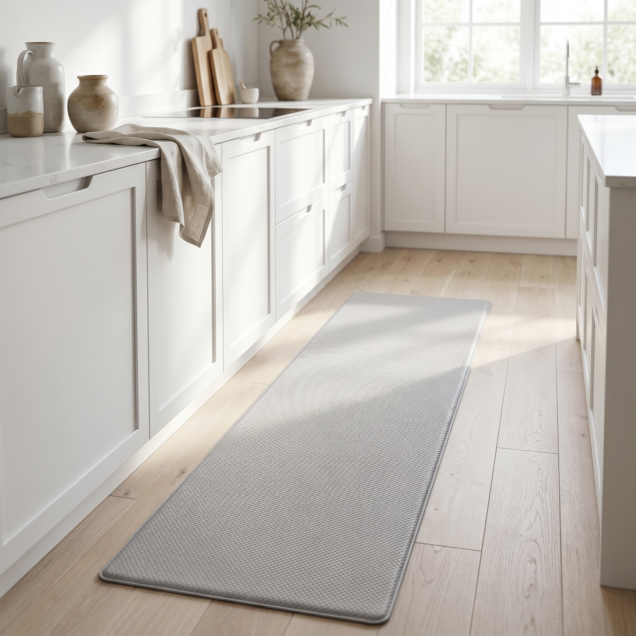 Kitchen mat - light gray runner in a Scandinavian kitchen
