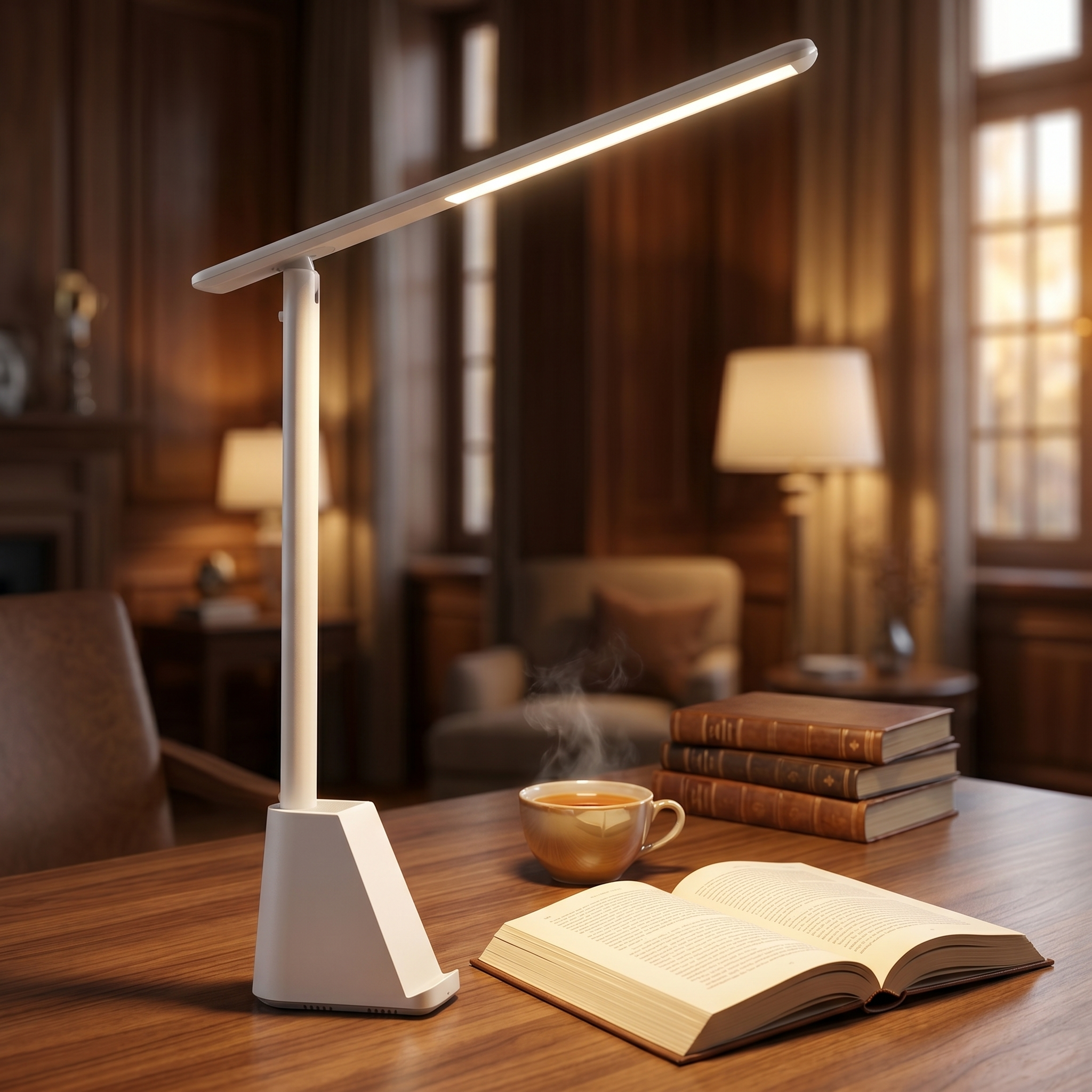Foldable LED desk lamp - white on an evening reading desk