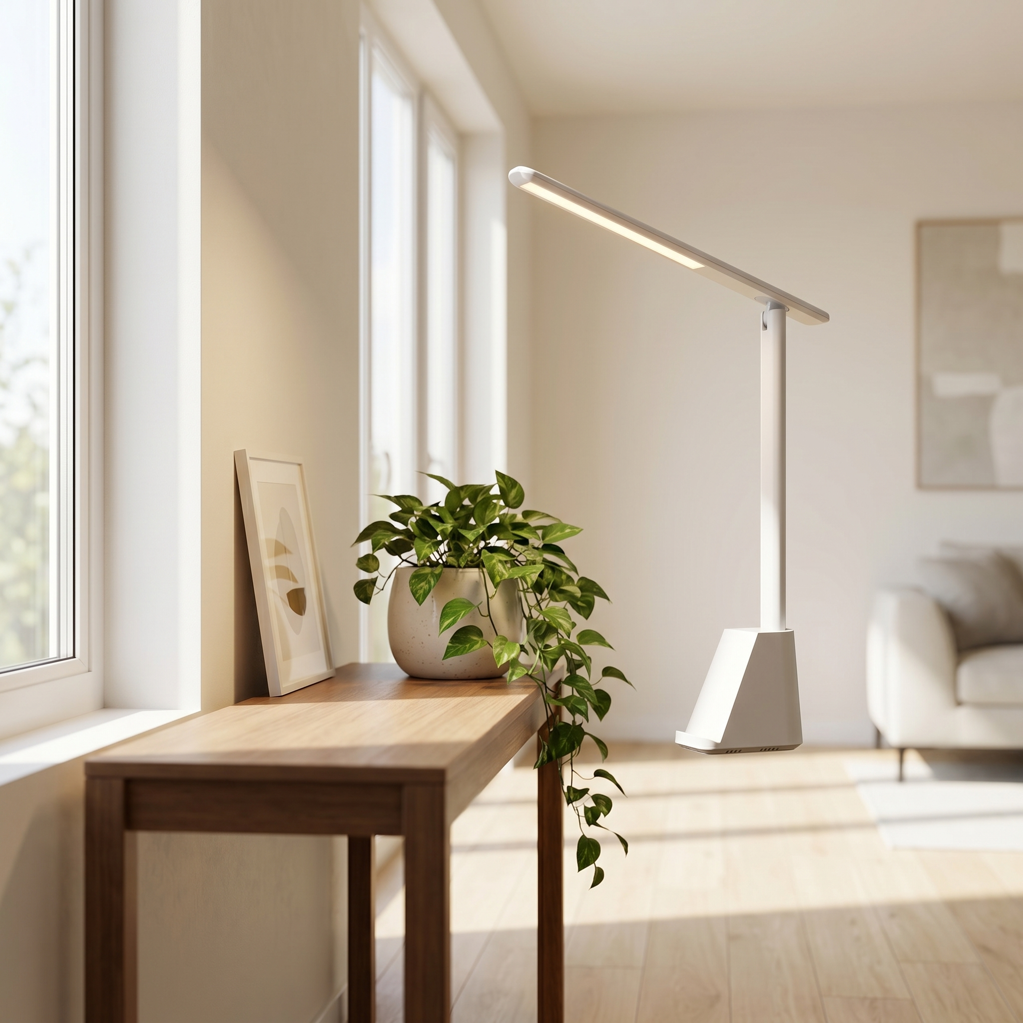 Foldable LED desk lamp - white on a console with a plant