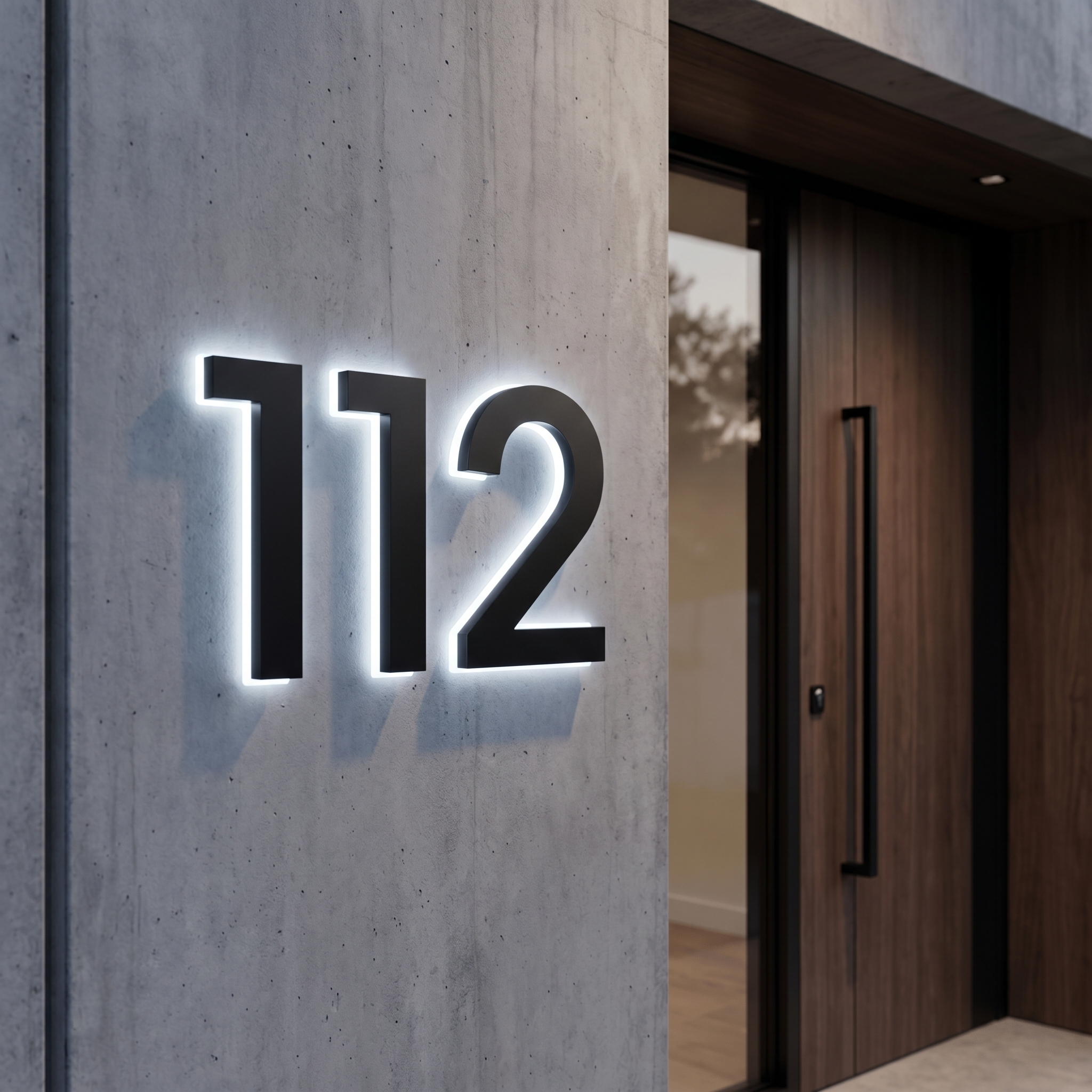 Backlit house number 112 in cool white on a concrete entrance