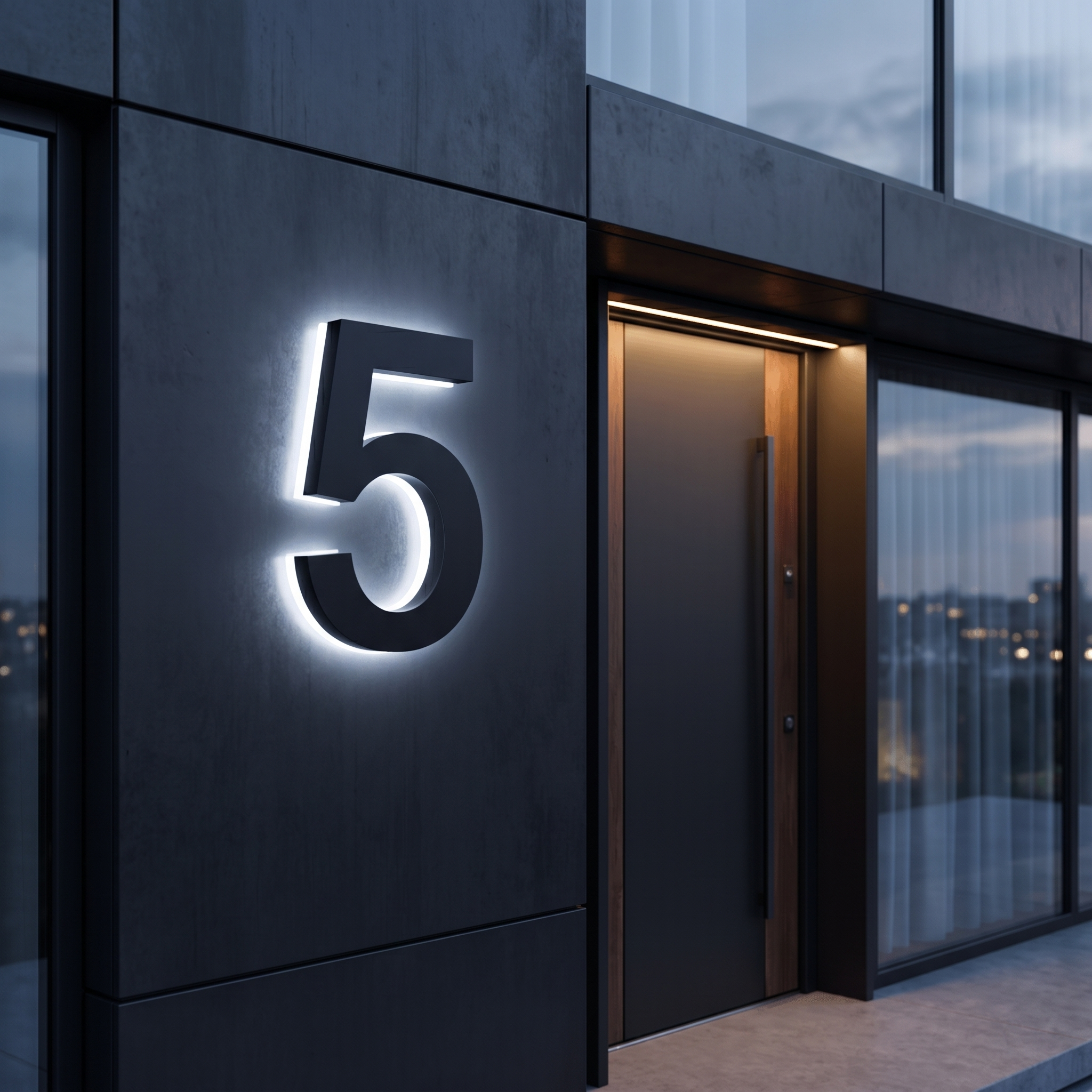 Backlit house number 5 in cool white on a charcoal facade