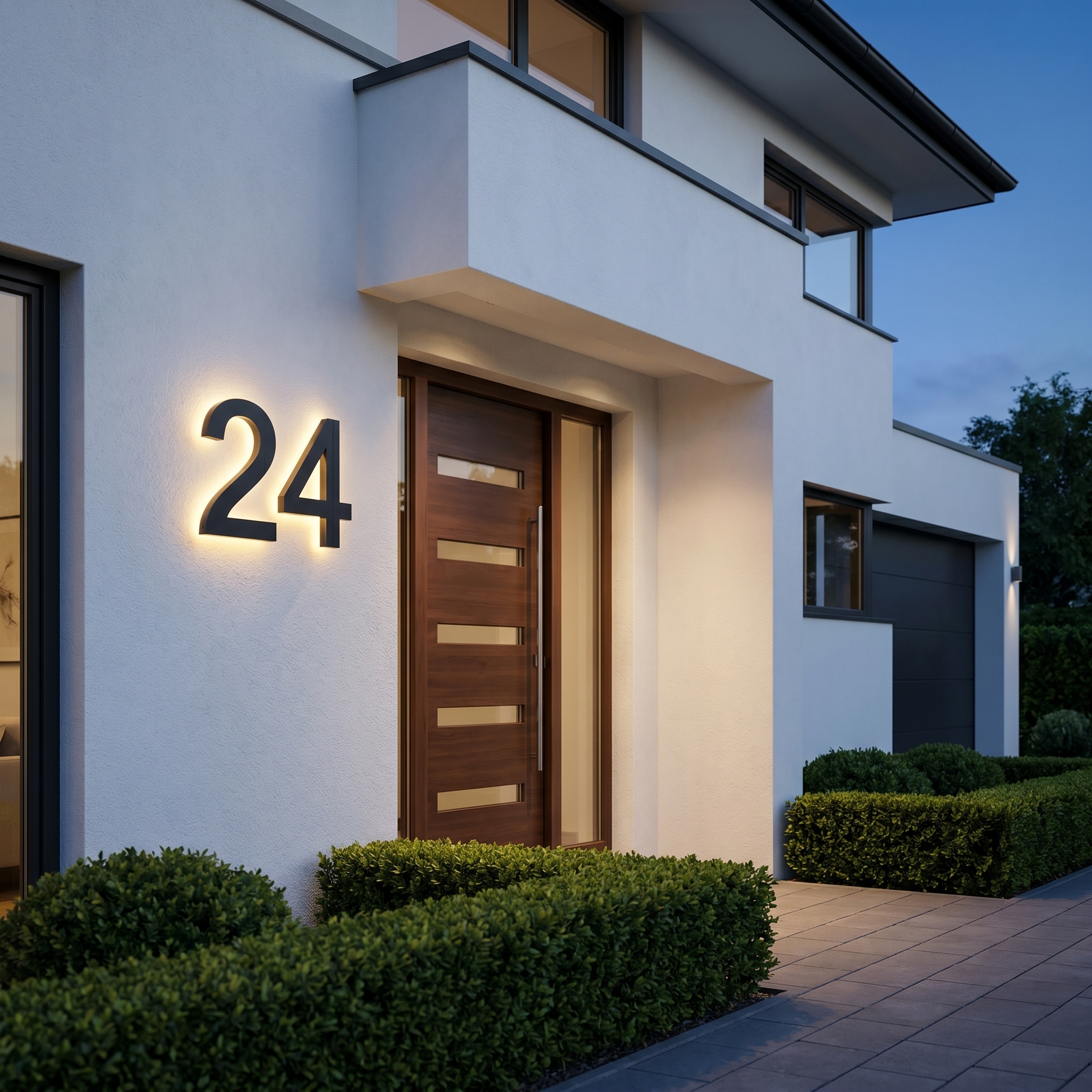 Backlit house number 24 on a modern white facade at dusk