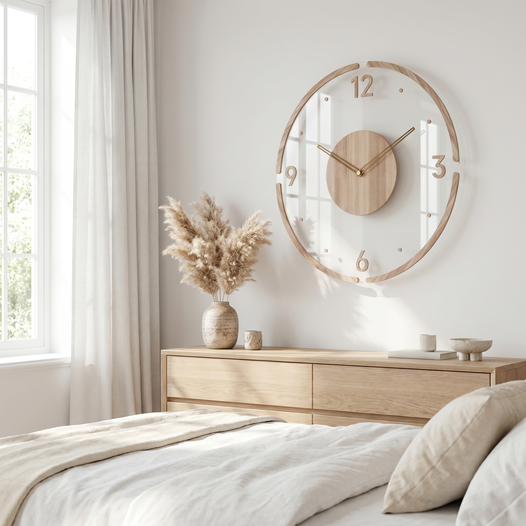 Scandinavian wood wall clock in a bright bedroom above an oak dresser