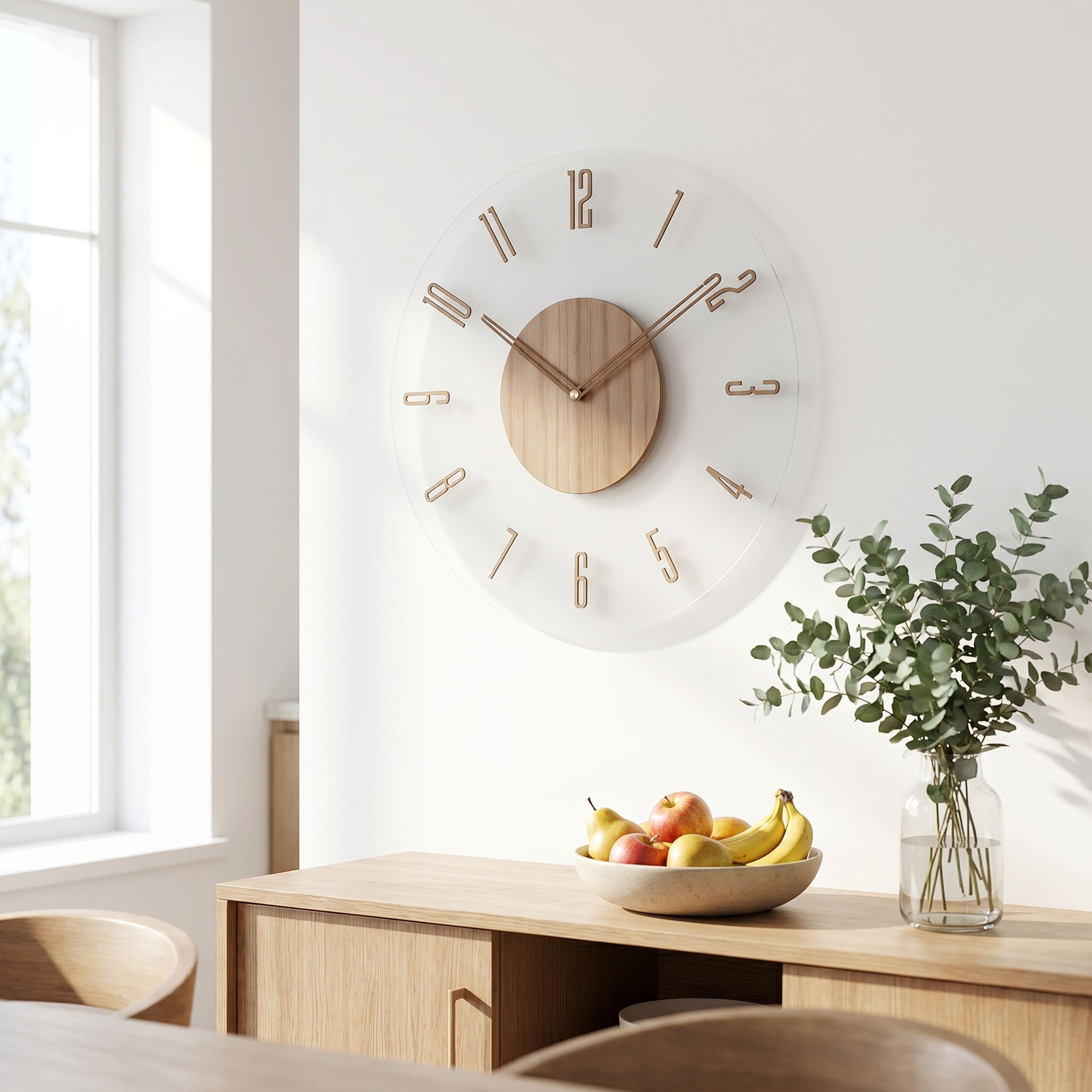 Scandinavian wood wall clock with full numerals in a bright dining nook