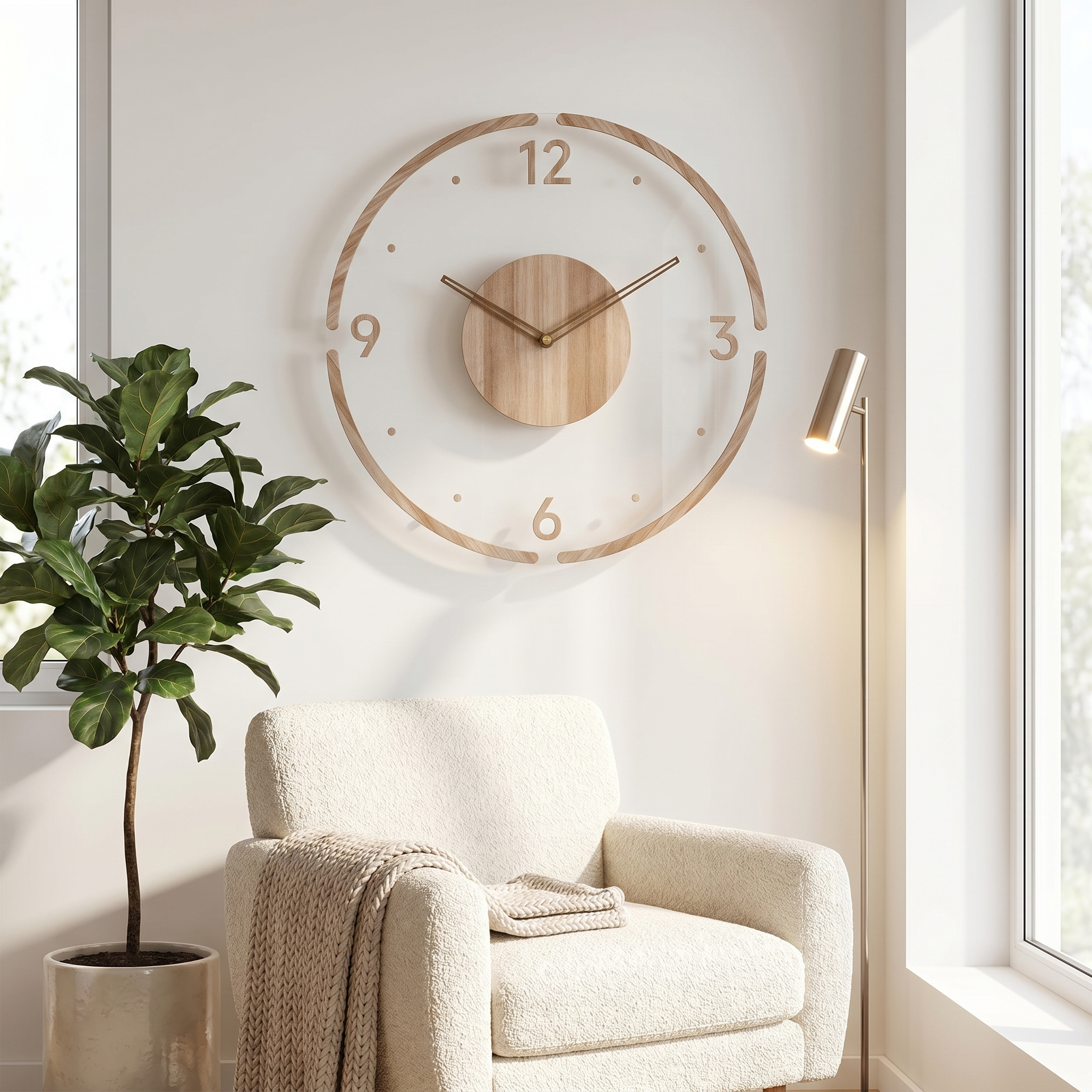 Scandinavian wood wall clock in a cozy reading corner