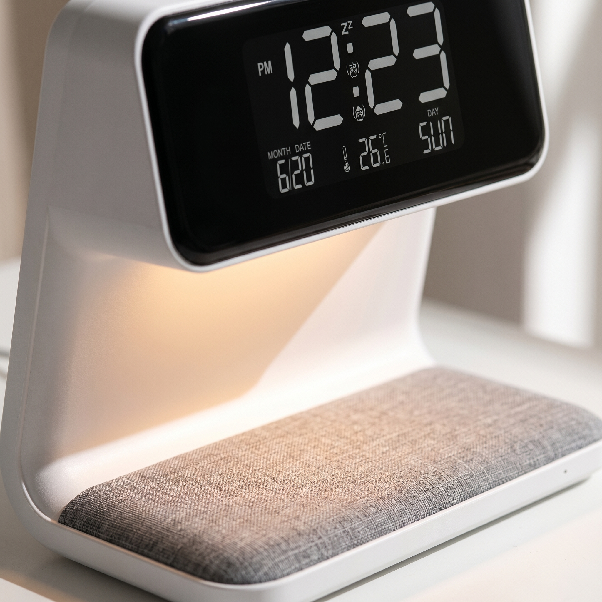 Close-up of the LCD alarm clock display and warm glow on the wireless charging pad