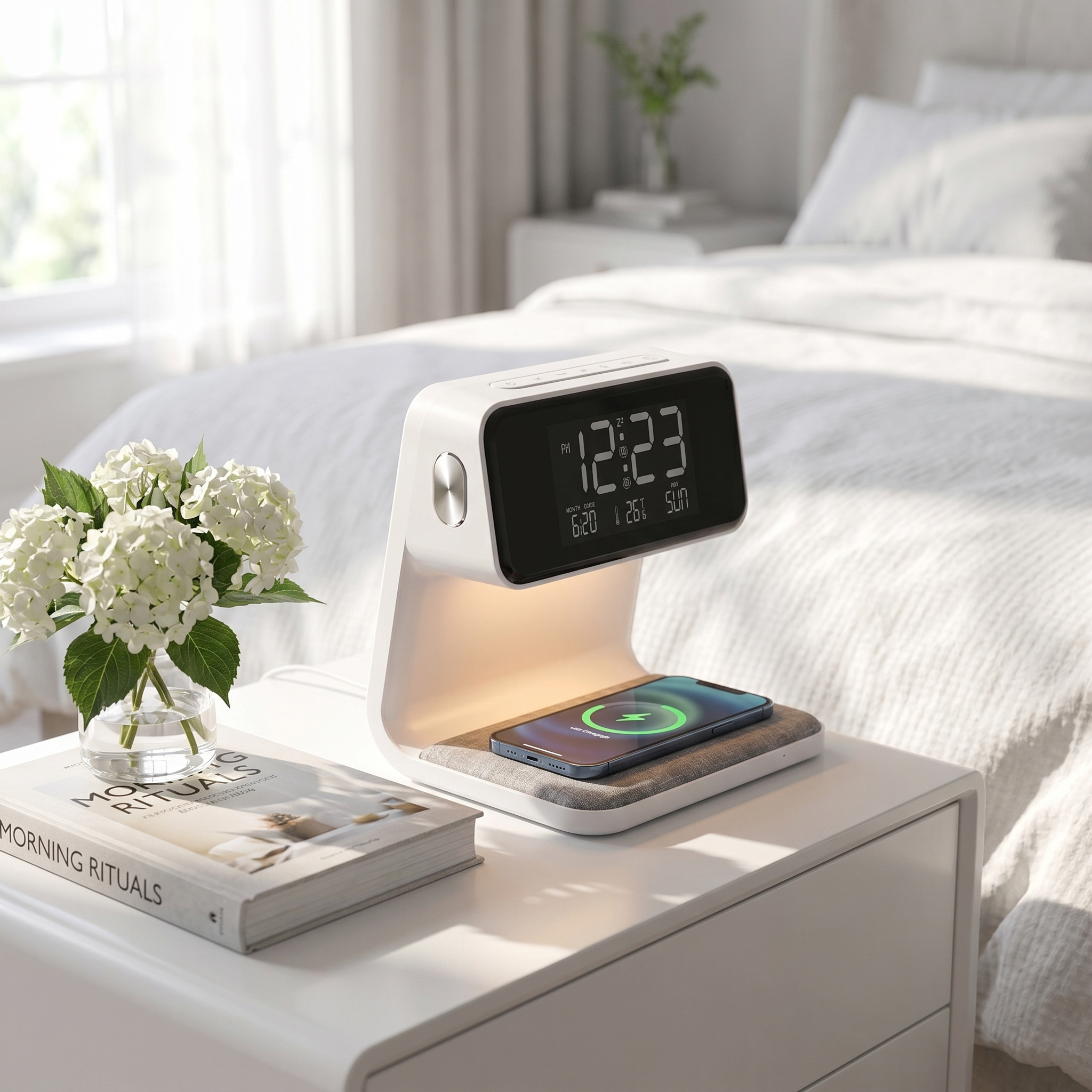 Aurora 3-in-1 bedside station charging a phone in a bright modern bedroom