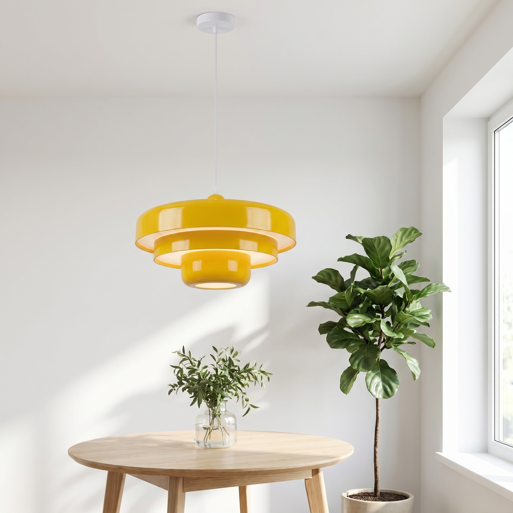 Yellow macaron pendant light over a breakfast nook table