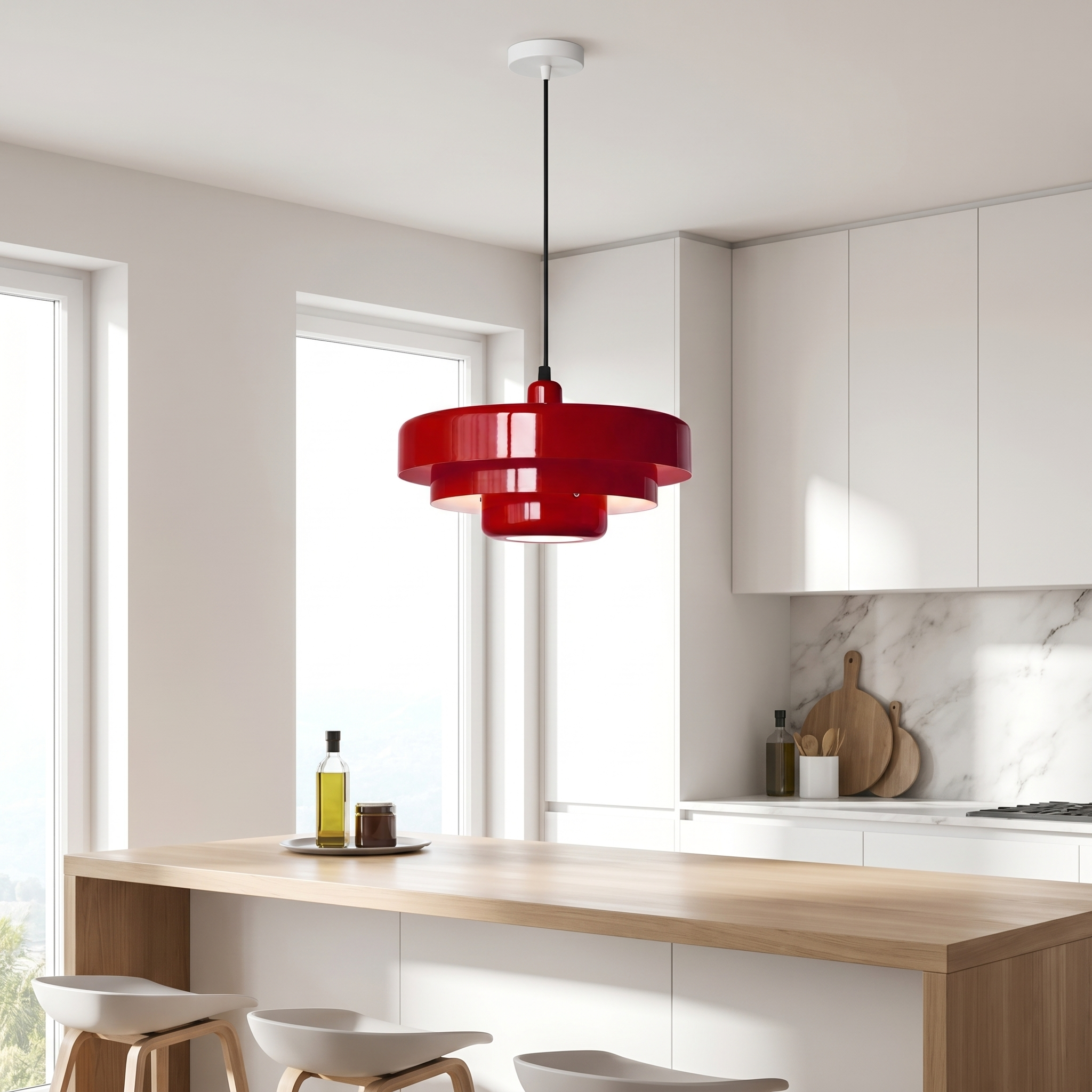 Red macaron pendant light over a kitchen breakfast bar