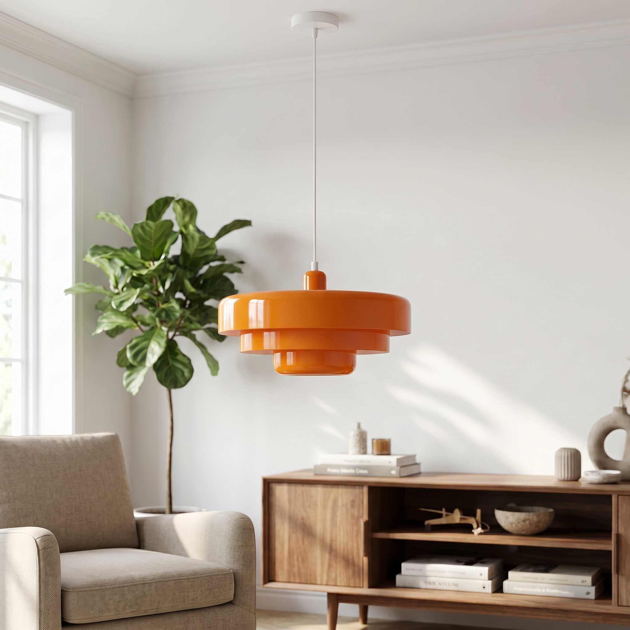 Orange macaron pendant light over a console in a bright living room