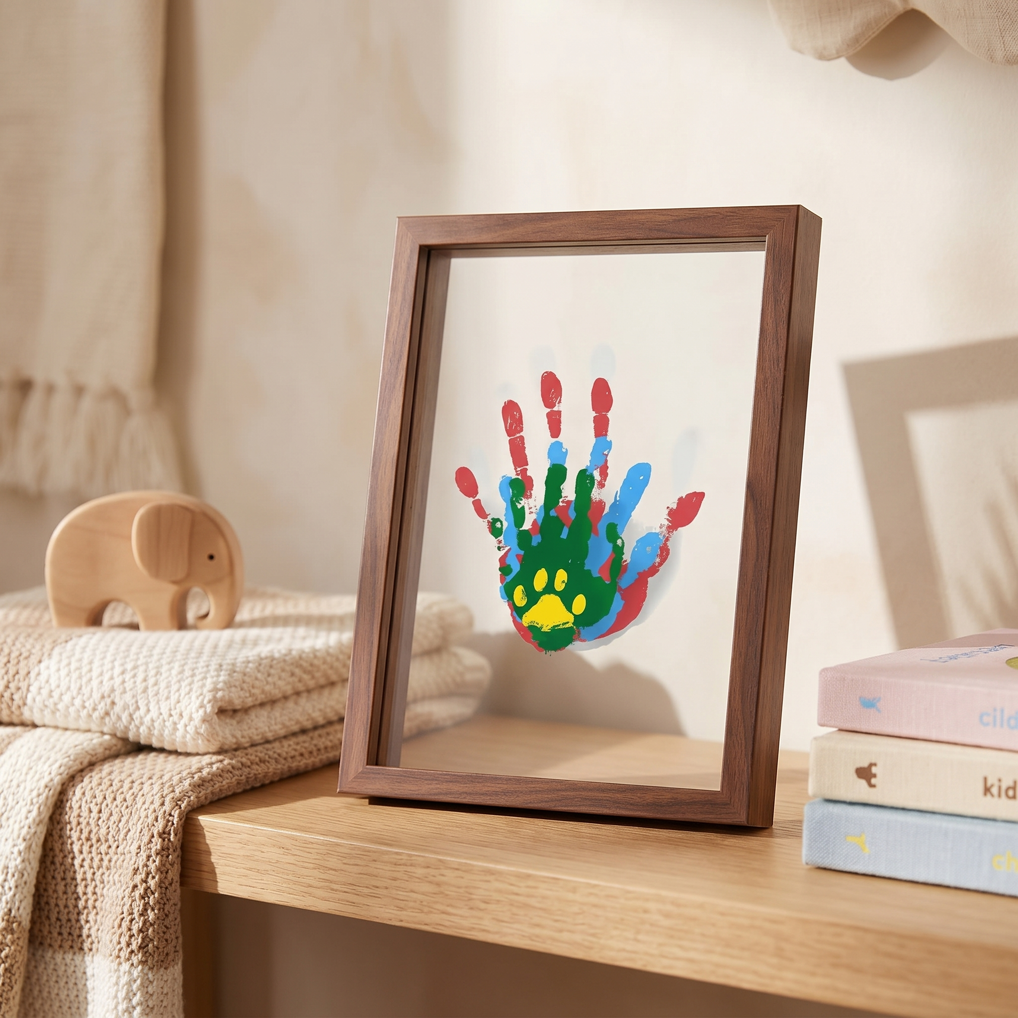 Brown keepsake frame on a nursery shelf with soft toys and blankets