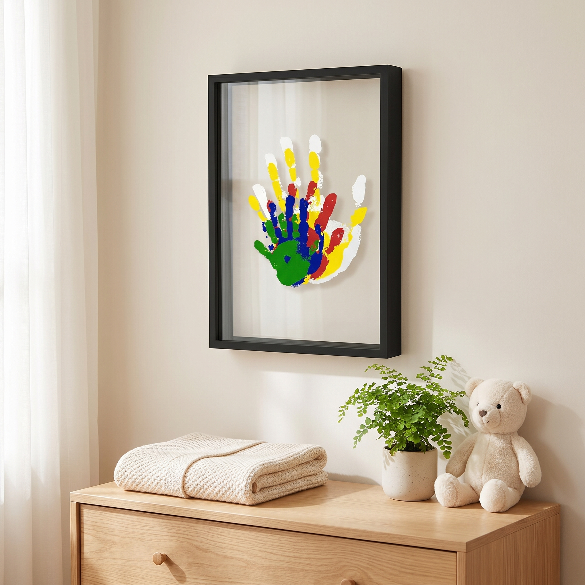 Black keepsake frame on a nursery wall above a dresser